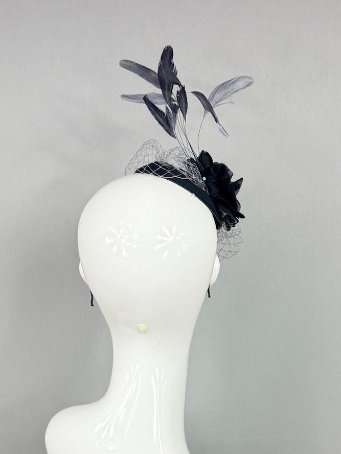 Kentucky Derby Fascinator Hat | Black and Gray Flower Headpiece | Derbyologie
