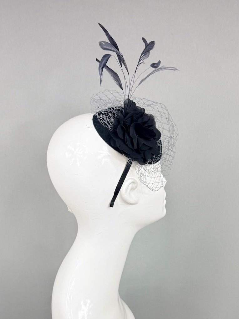 Kentucky Derby Fascinator Hat | Black and Gray Flower Headpiece | Derbyologie