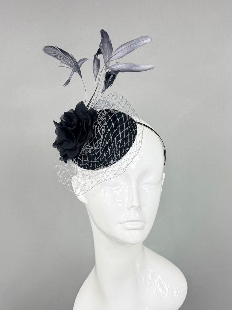 Kentucky Derby Fascinator Hat | Black and Gray Flower Headpiece | Derbyologie