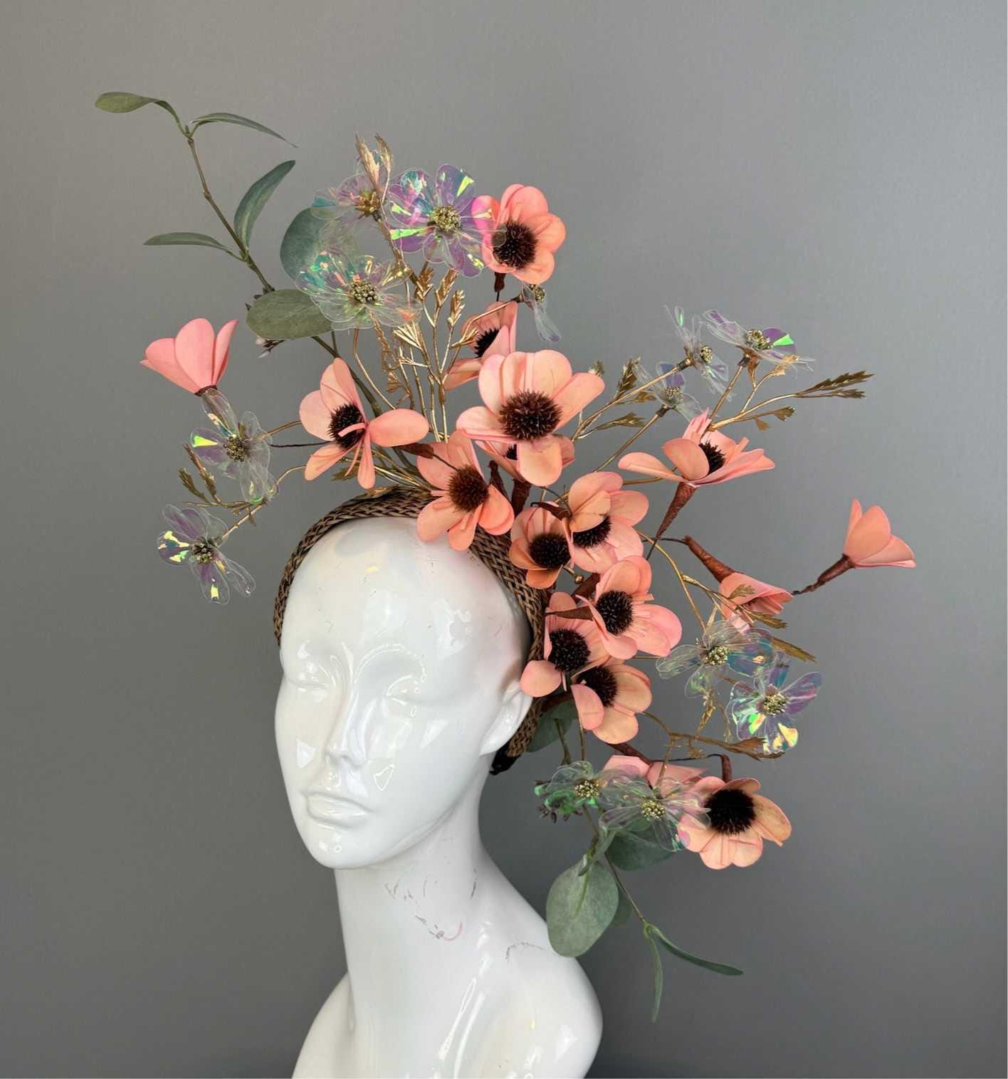 Kentucky Derby Fascinator Hat | Peachy Pink & Green Flower Headpiece | Derbyologie