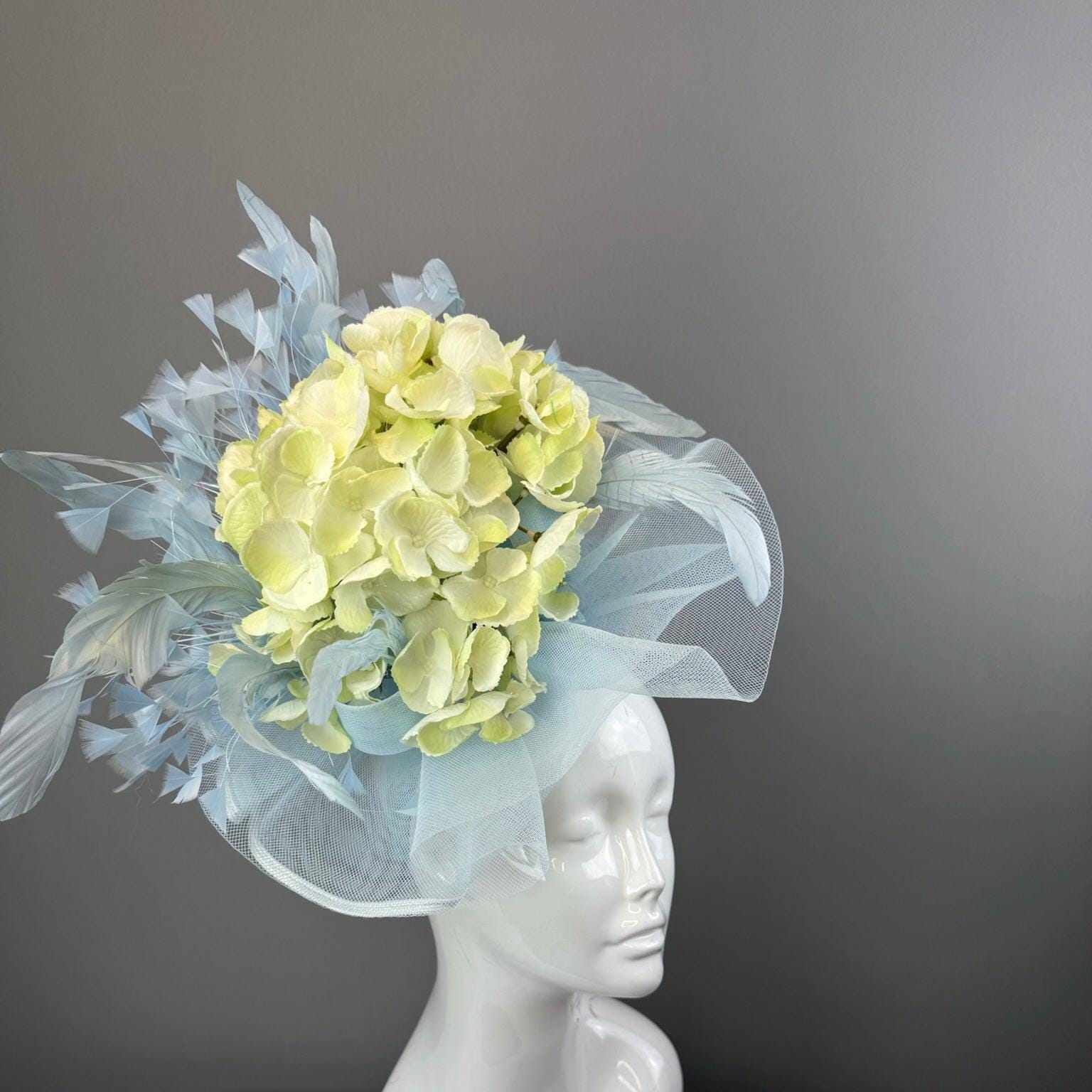 Blue and cream hydrangea Kentucky Derby fascinator, Derby Hat Alternative (GOLD LINE)