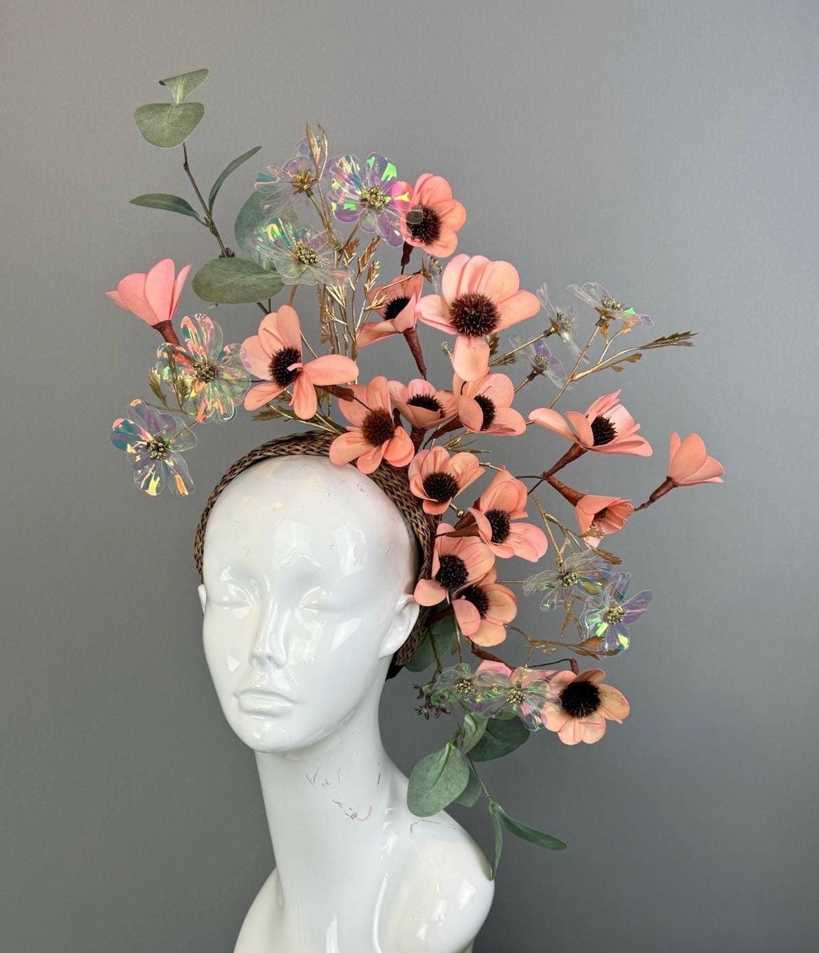 Kentucky Derby Fascinator Hat | Peachy Pink & Green Flower Headpiece | Derbyologie
