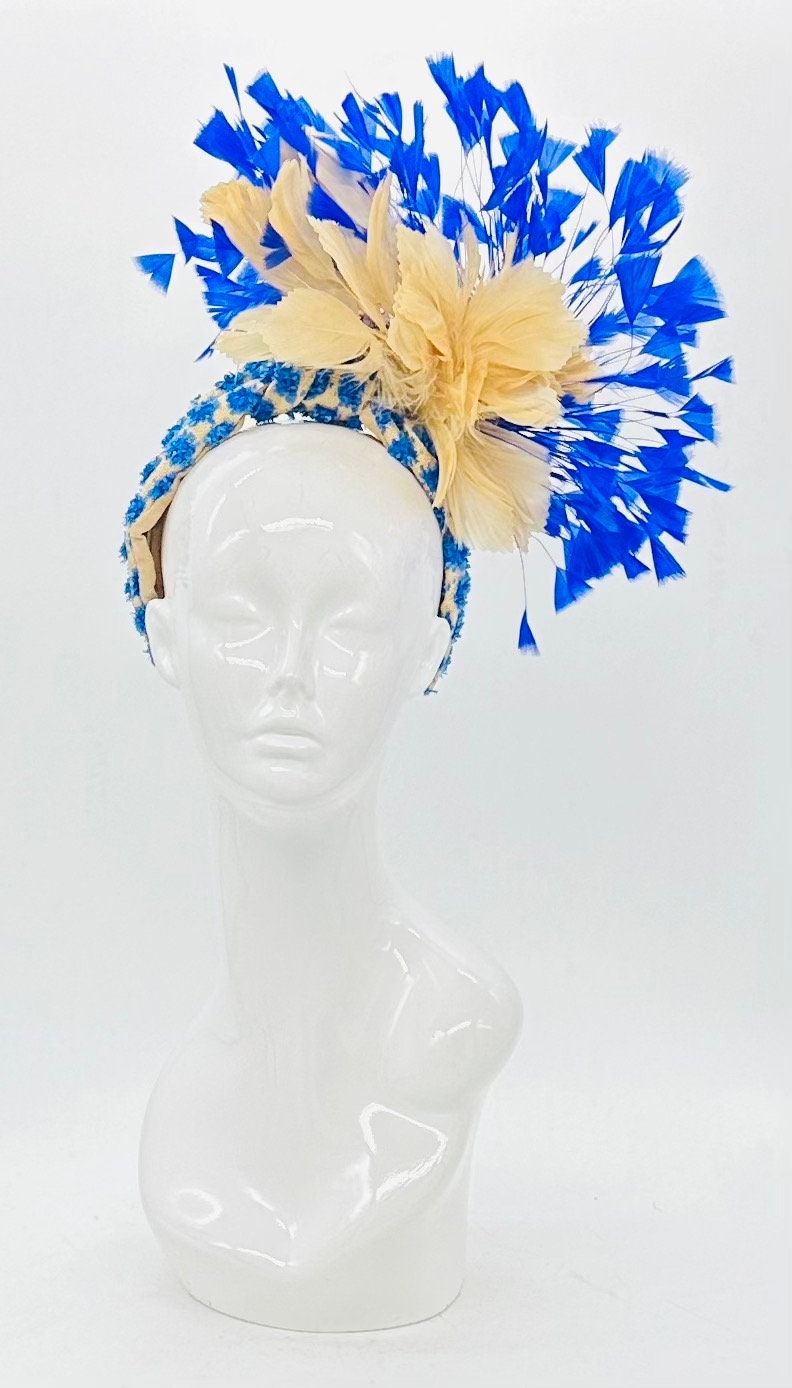 Blue and beige Kentucky Derby fascinator, Derby Hat Alternative, (GOLD LINE)