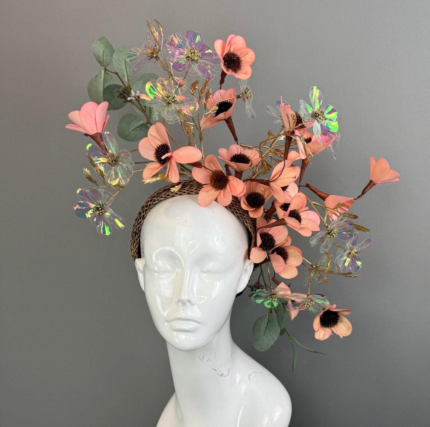 Kentucky Derby Fascinator Hat | Peachy Pink & Green Flower Headpiece | Derbyologie