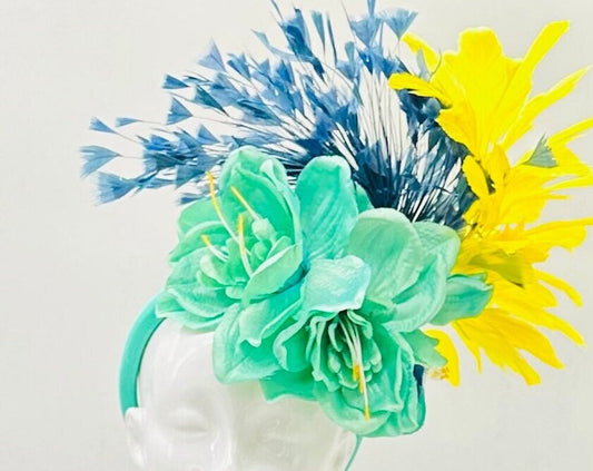 Turquoise, navy, yellow Derby Fascinator