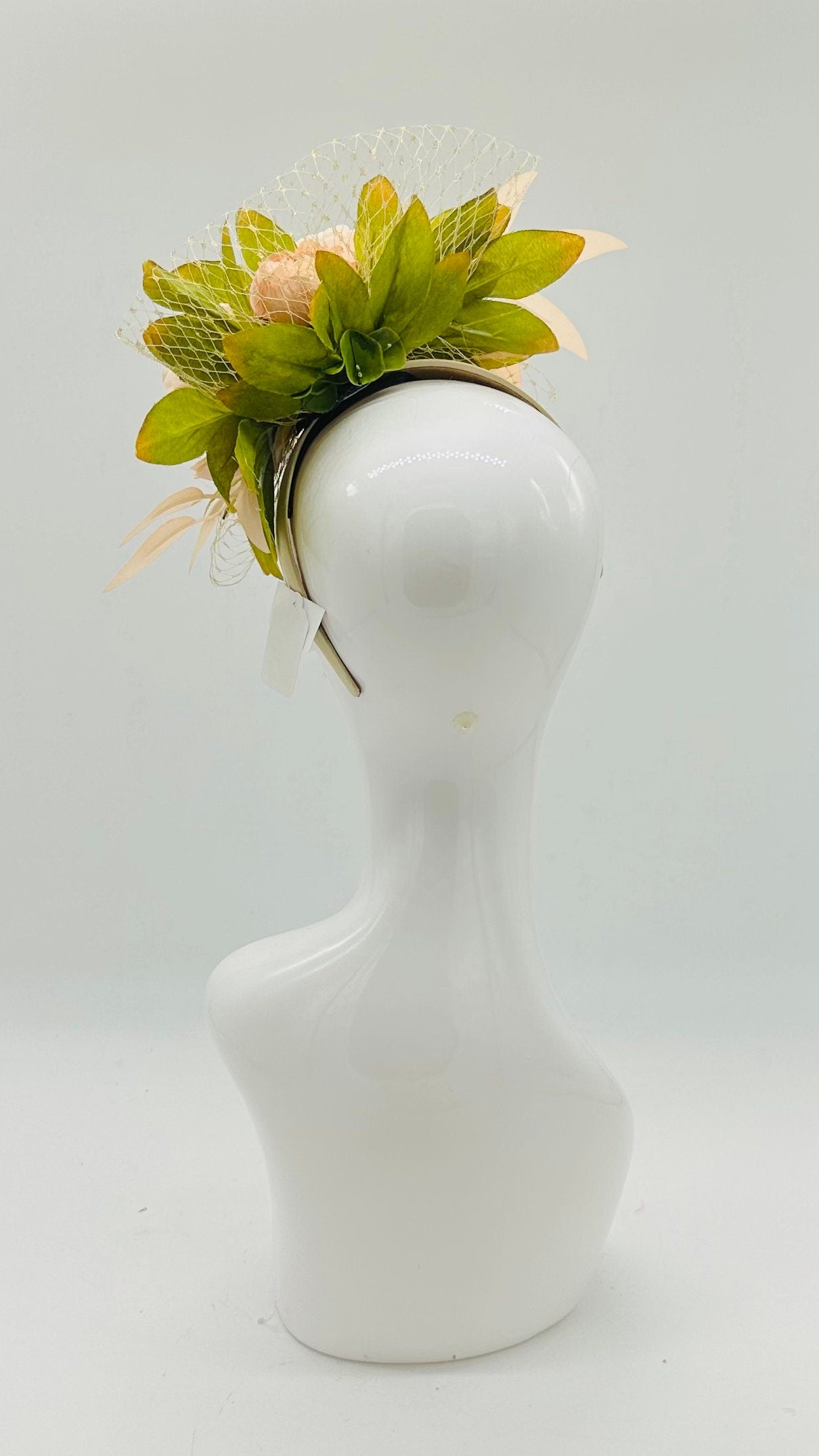 Light peach peonies Kentucky Derby Floral Feather Fascinator, Derby Hat Alternative (GOLD LINE)