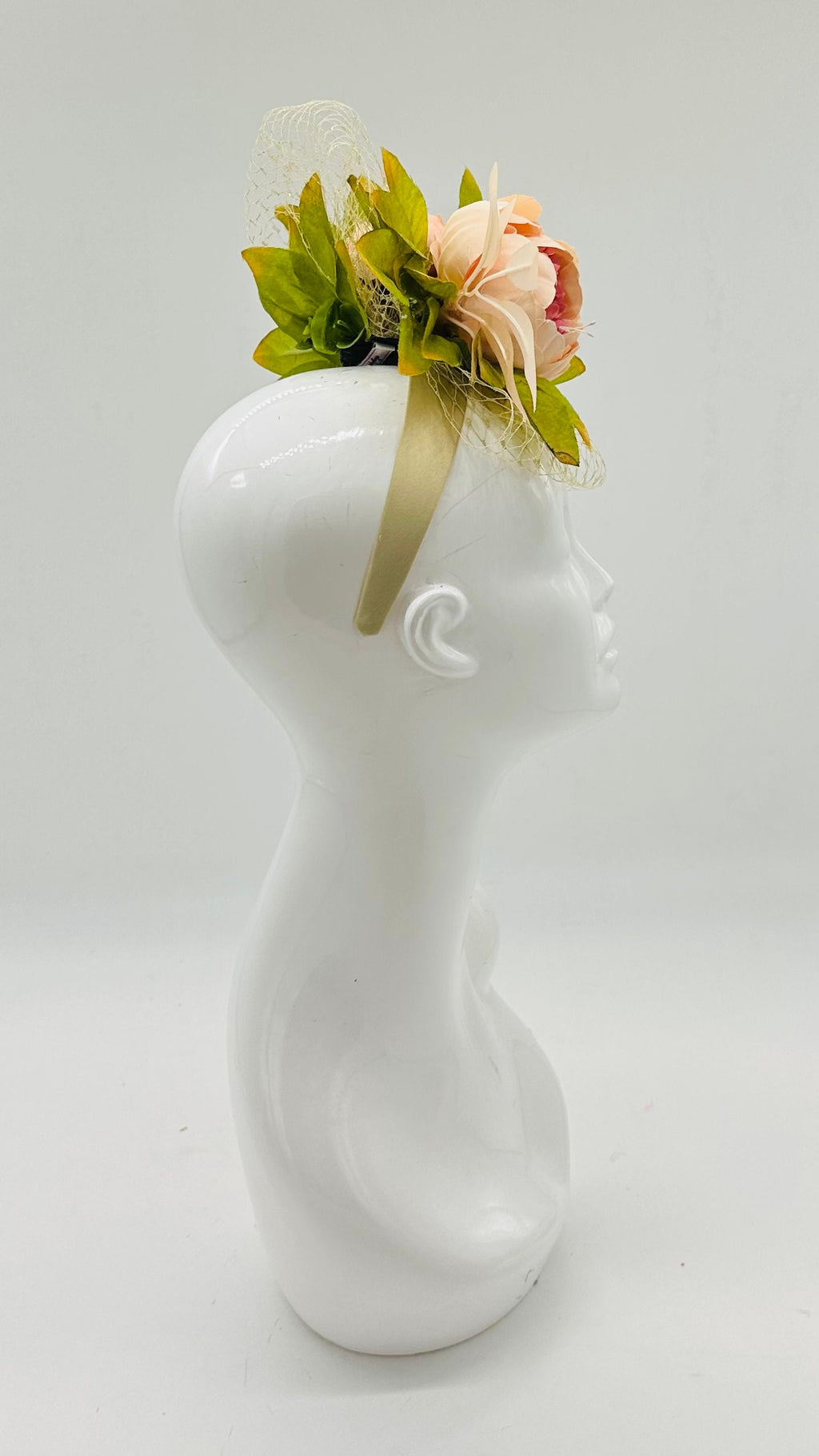 Light peach peonies Kentucky Derby Floral Feather Fascinator, Derby Hat Alternative (GOLD LINE)