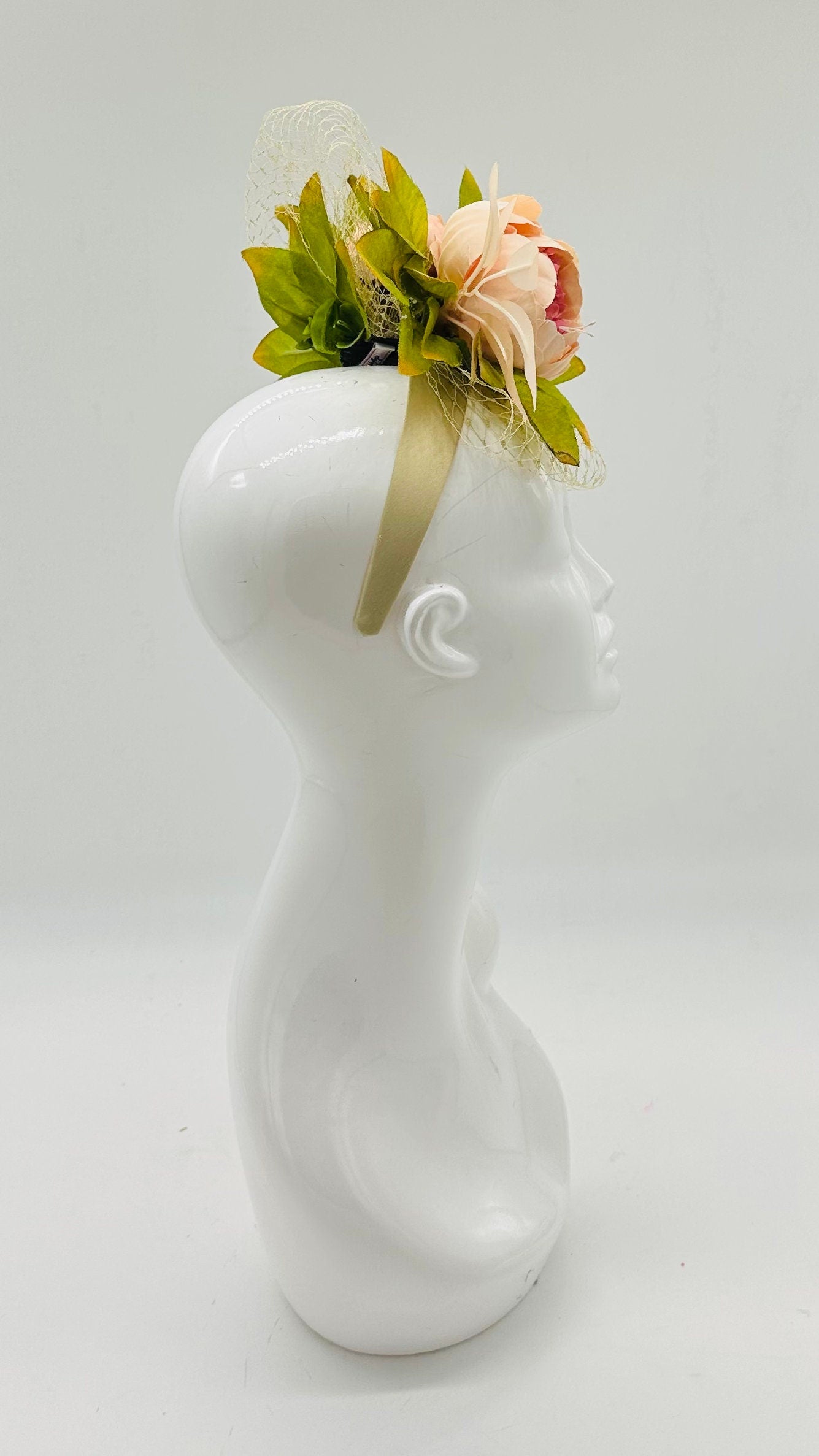 Light peach peonies Kentucky Derby Floral Feather Fascinator, Derby Hat Alternative (GOLD LINE)