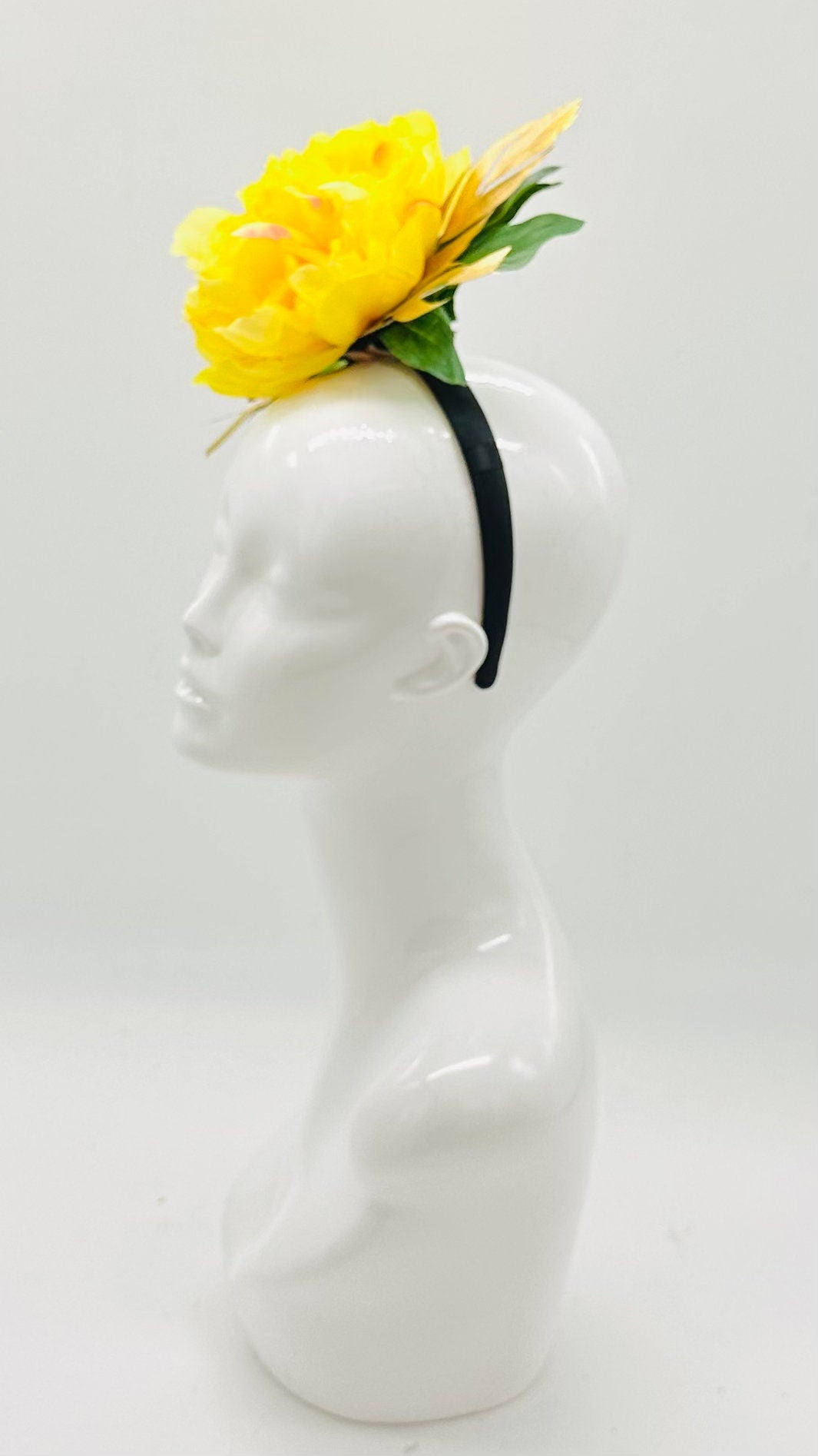 Bright yellow, gold and green Kentucky Derby Floral Feather Fascinator, Derby Hat Alternative, (GOLD LINE)