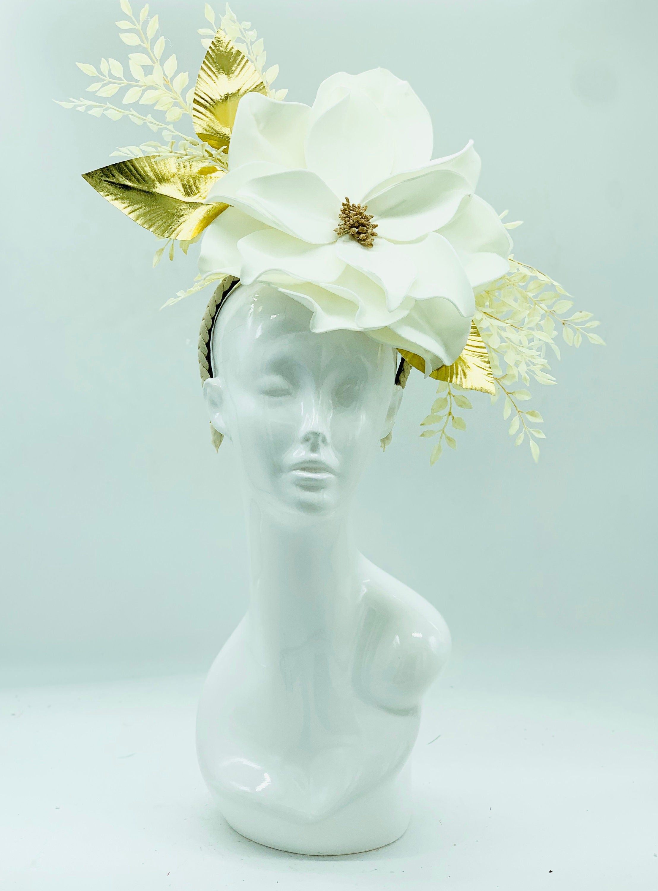 Oversized white flower, gold and white fern Kentucky Derby Floral Feather Fascinator, Derby Hat Alternative, (GOLD LINE)