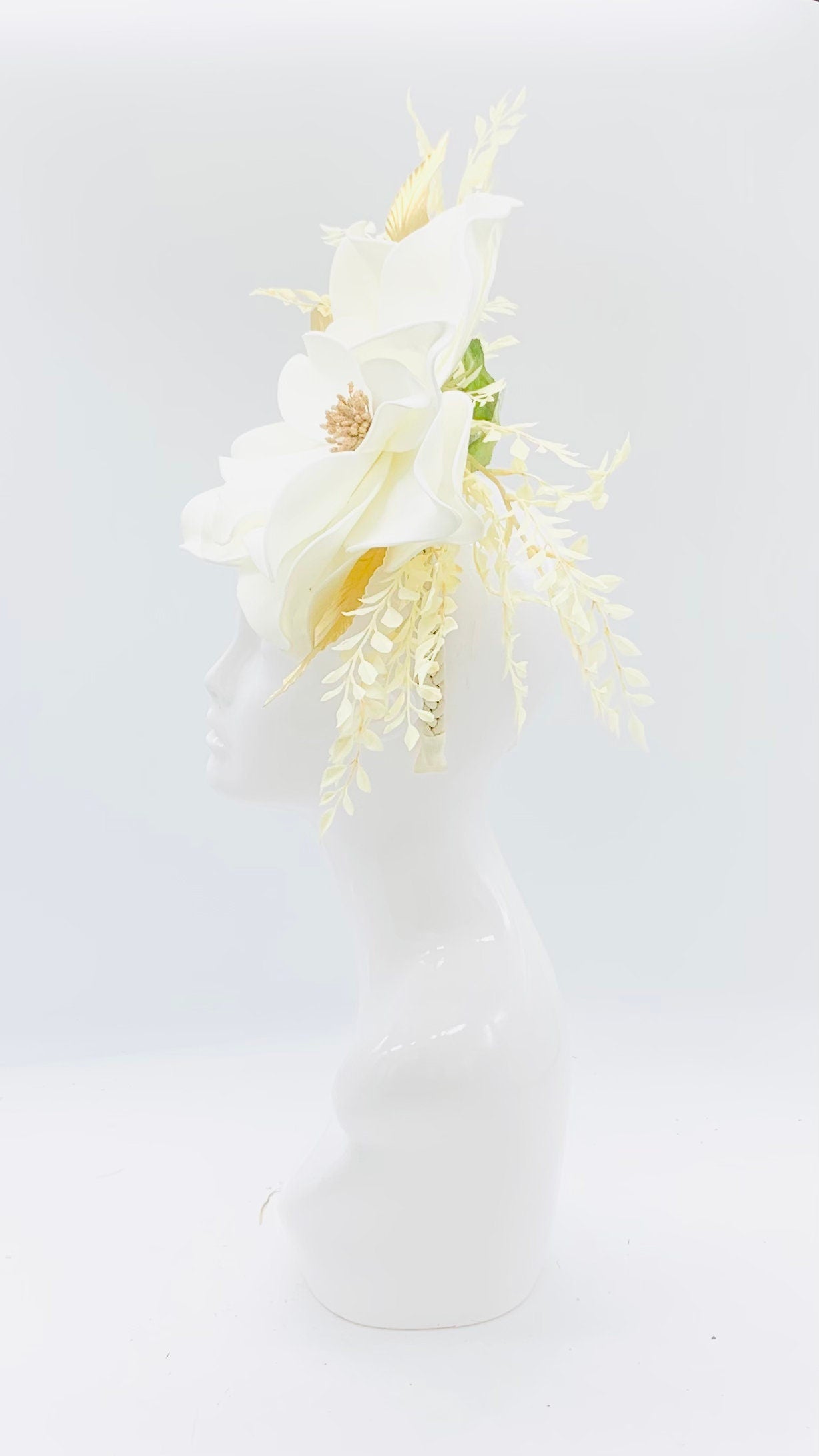 Oversized white flower, gold and white fern Kentucky Derby Floral Feather Fascinator, Derby Hat Alternative, (GOLD LINE)