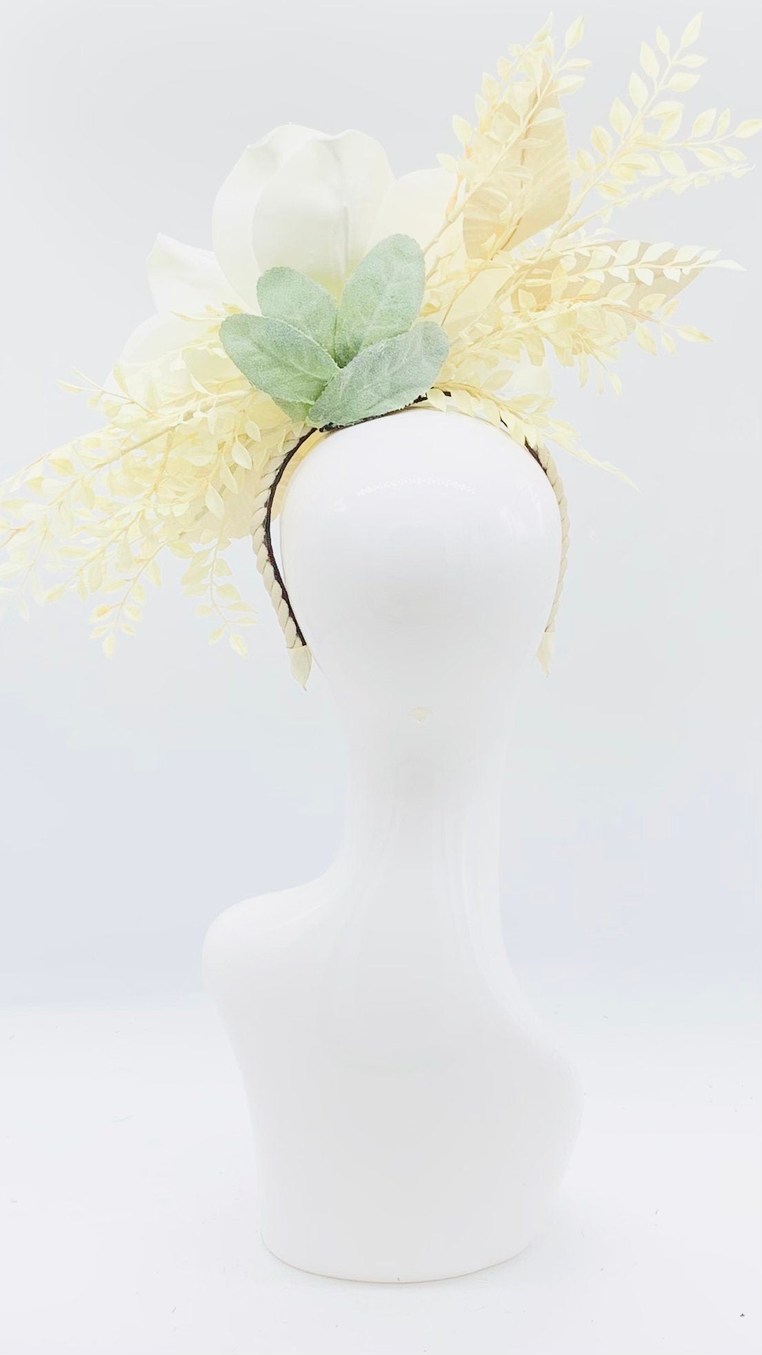 Oversized white flower, gold and white fern Kentucky Derby Floral Feather Fascinator, Derby Hat Alternative, (GOLD LINE)