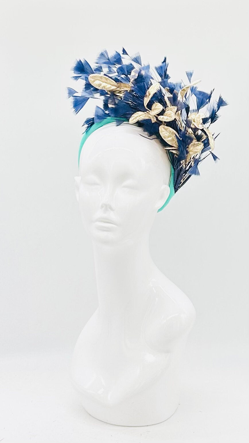 Navy, teal and gold Kentucky Derby Fascinator, derby hat Kentucky Derby Hat Alternative, Floral Fascinator, (SILVER LINE)