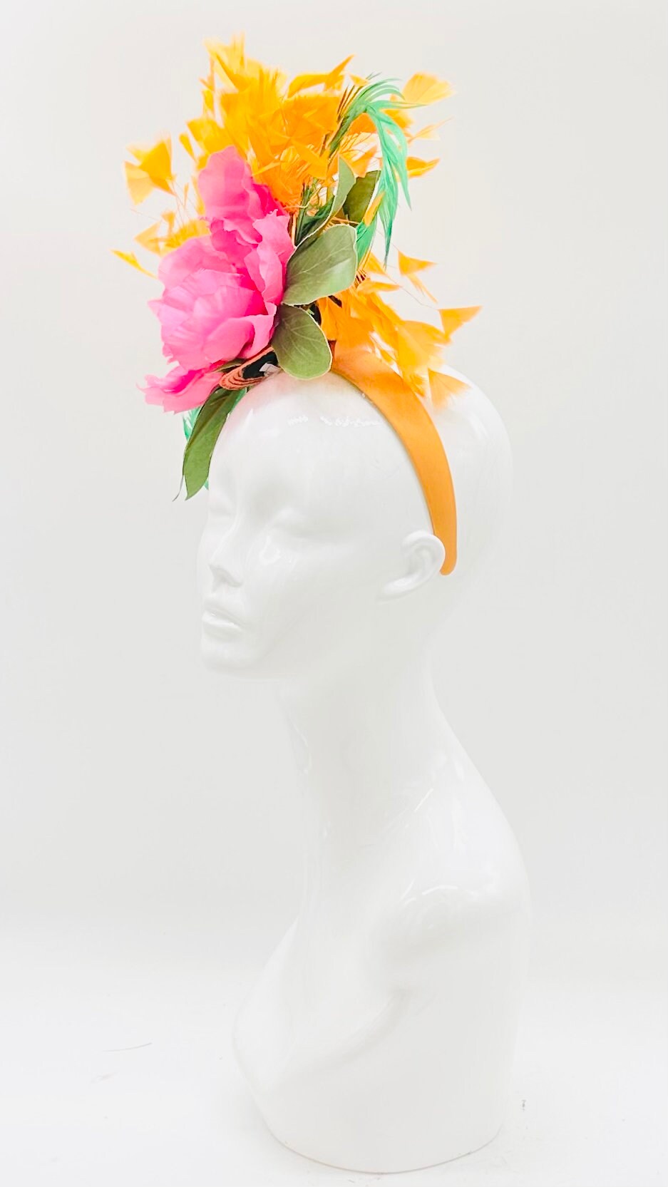Orange pink and green Kentucky Derby Fascinator, derby hat Kentucky Derby Hat Alternative, Floral Fascinator (GOLD LINE)