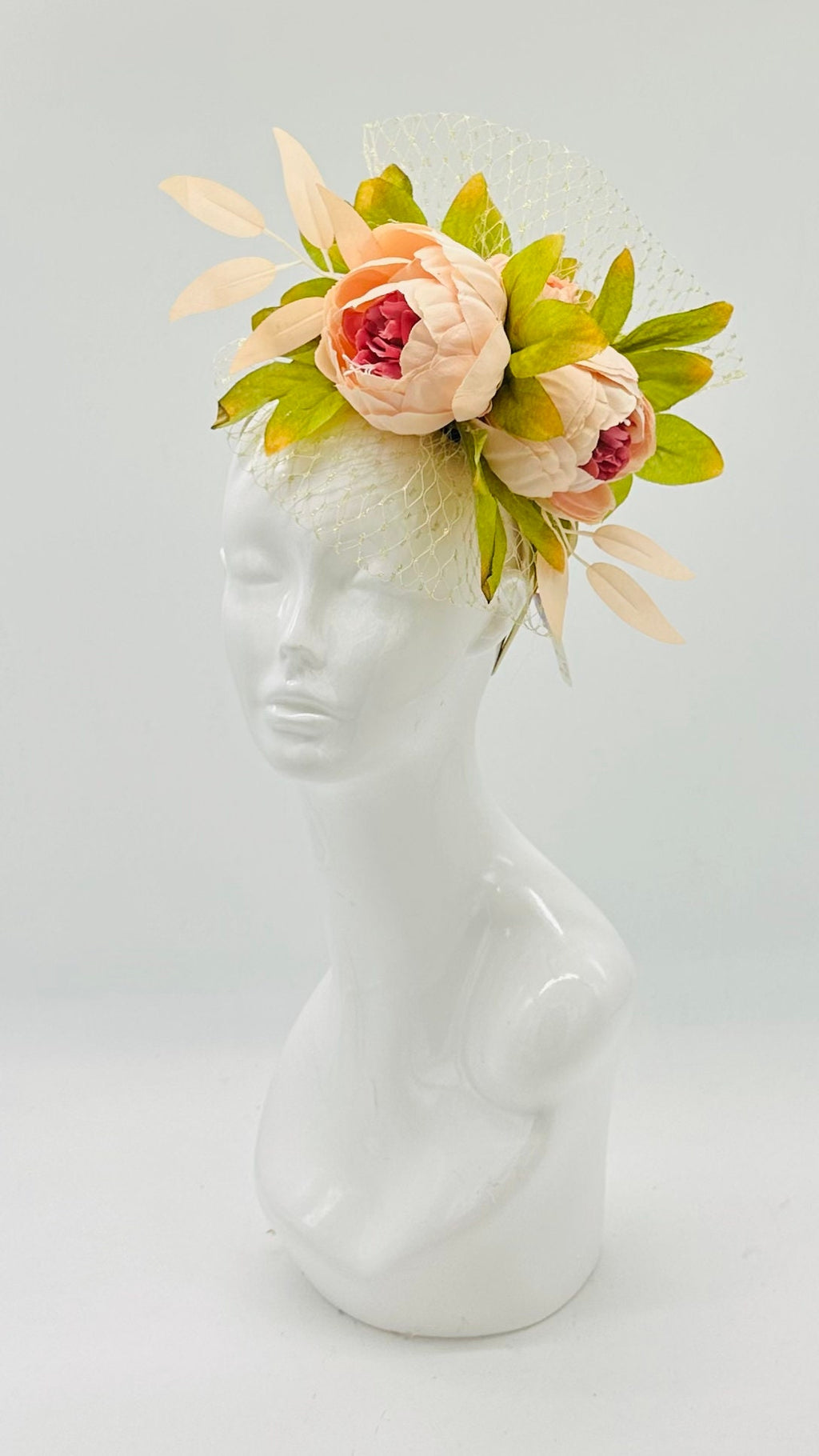 Light peach peonies Kentucky Derby Floral Feather Fascinator, Derby Hat Alternative (GOLD LINE)