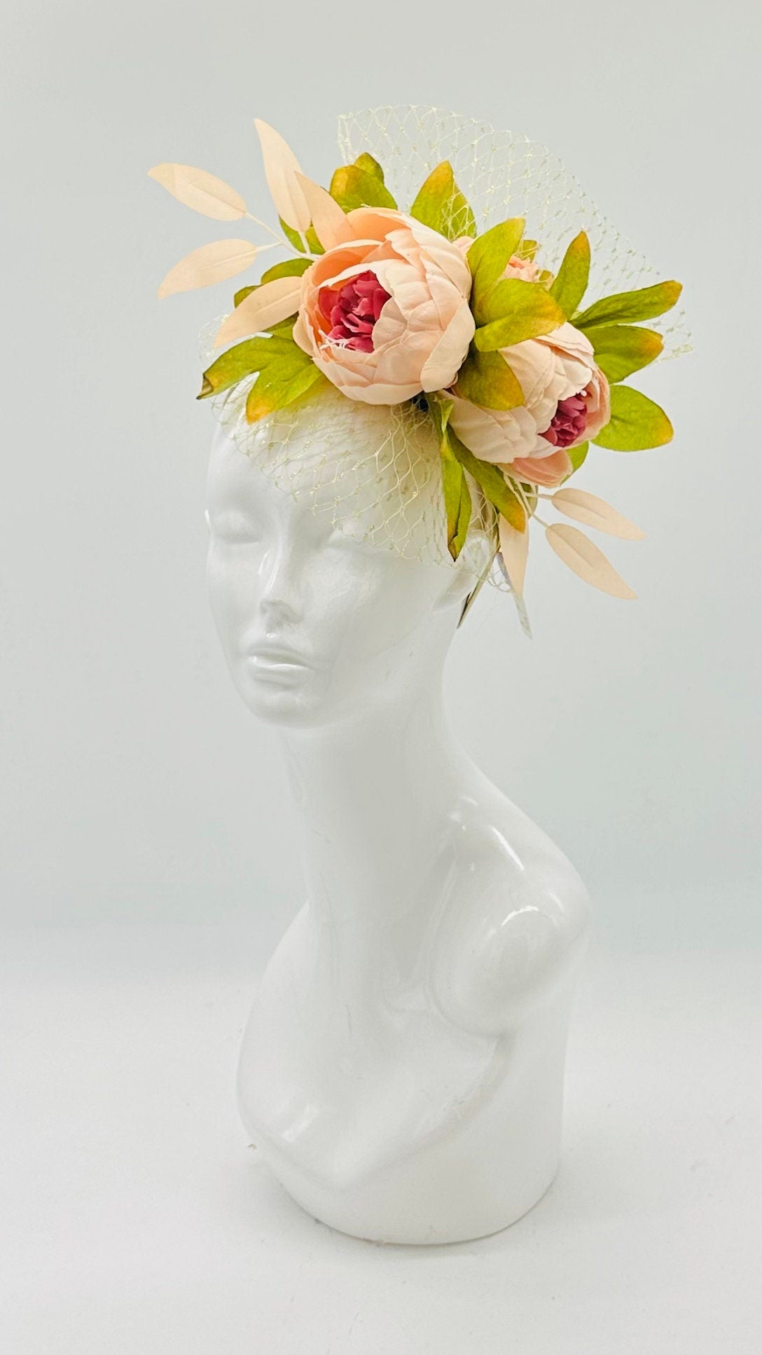 Light peach peonies Kentucky Derby Floral Feather Fascinator, Derby Hat Alternative (GOLD LINE)