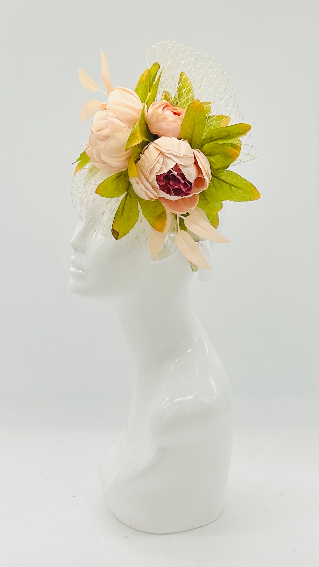 Light peach peonies Kentucky Derby Floral Feather Fascinator, Derby Hat Alternative (GOLD LINE)