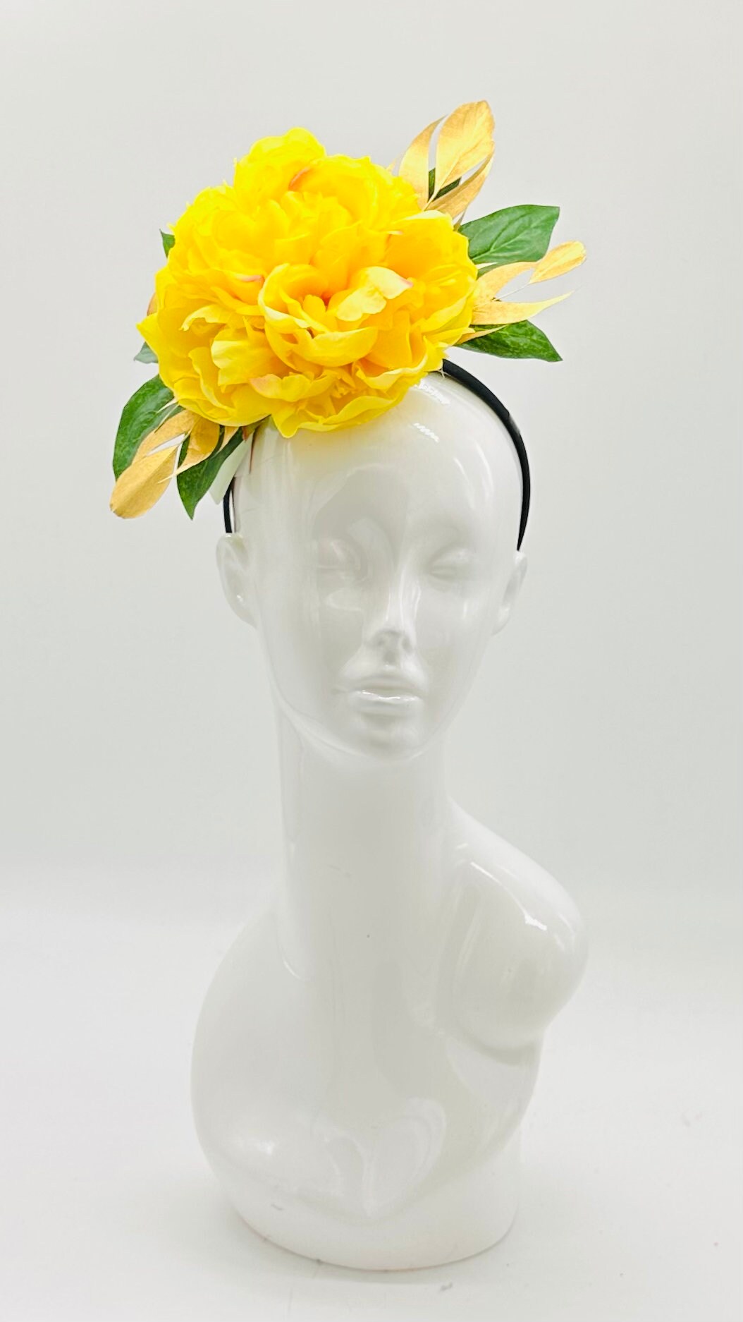 Bright yellow, gold and green Kentucky Derby Floral Feather Fascinator, Derby Hat Alternative, (GOLD LINE)