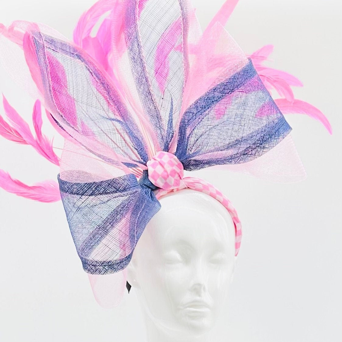 Navy Sinamay Bow, pink Kentucky Derby Fascinator, derby hat Kentucky Derby Hat Alternative, Floral Fascinator, (PLATINUM LINE)