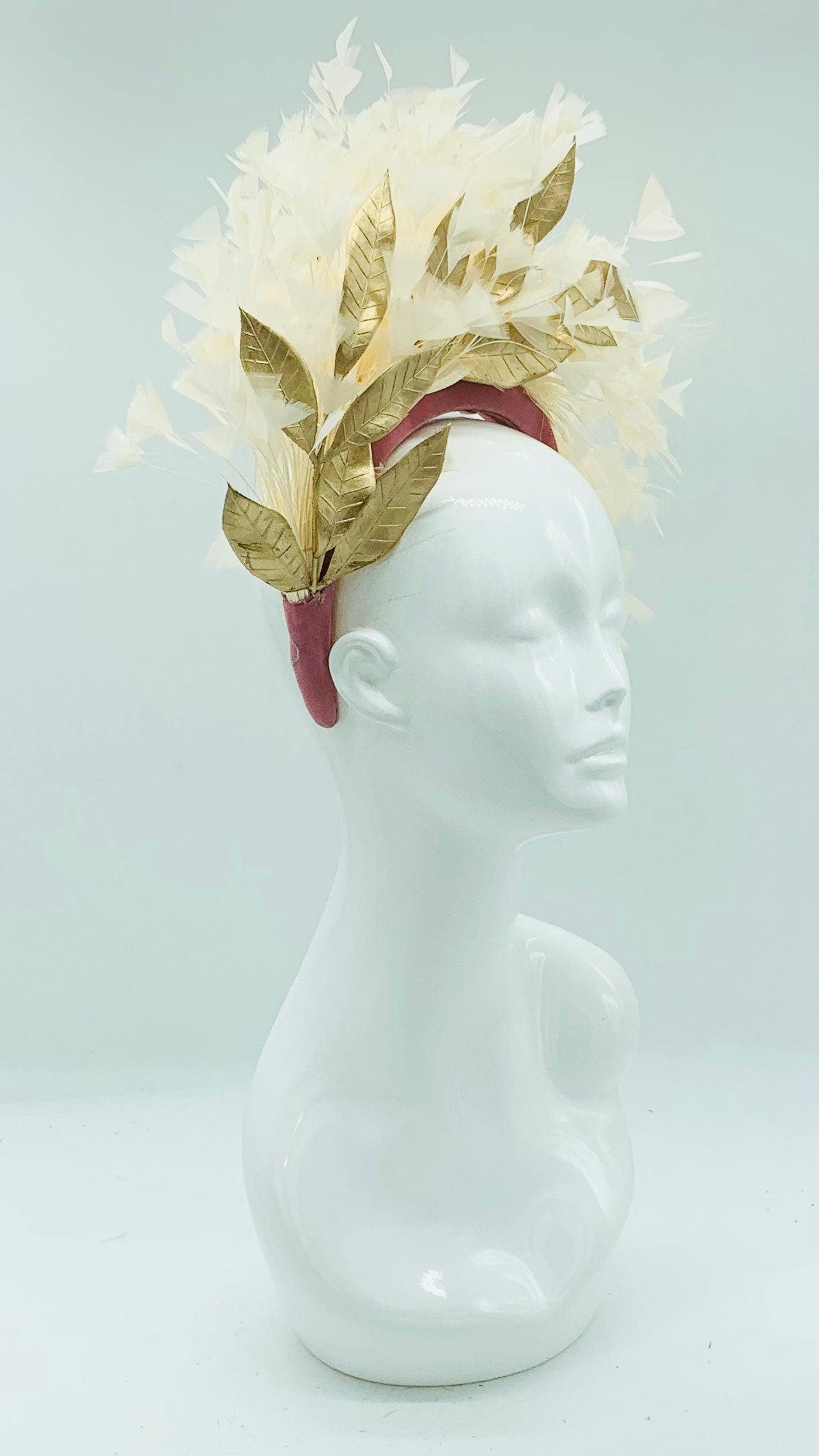 Ivory and gold Kentucky Derby Floral Feather Fascinator, Derby Hat Alternative (GOLD LINE)
