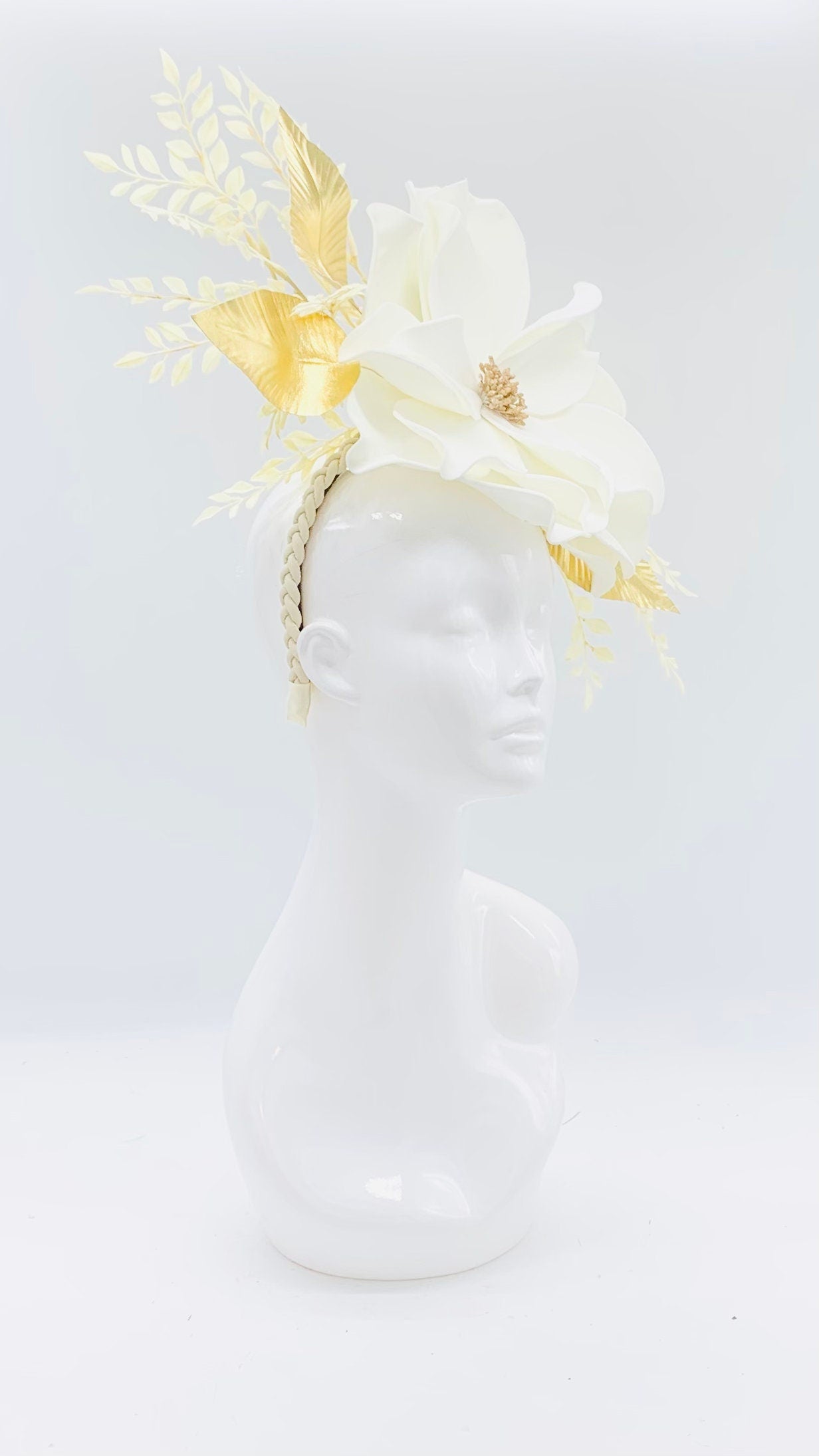 Oversized white flower, gold and white fern Kentucky Derby Floral Feather Fascinator, Derby Hat Alternative, (GOLD LINE)