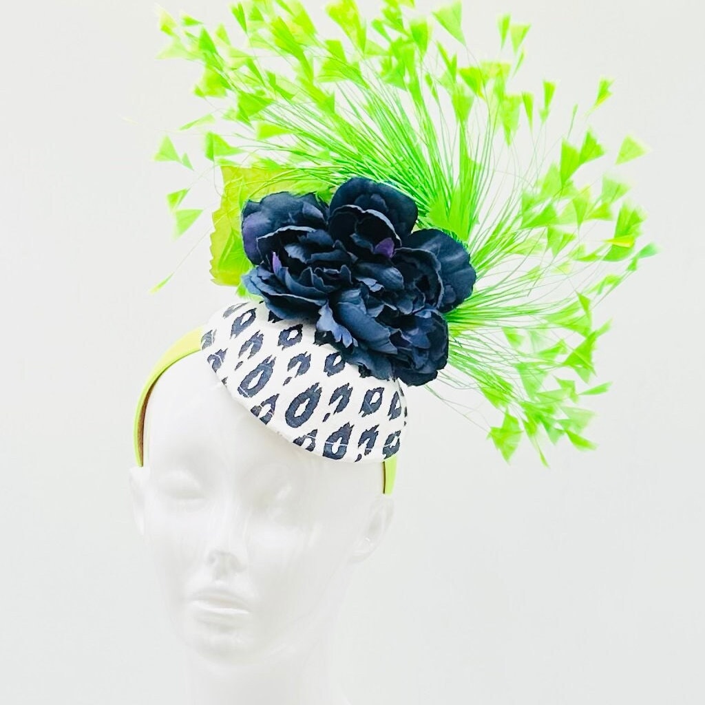 Navy and lime green Kentucky Derby Fascinator,  derby hat Kentucky Dery Hat Alternative, Floral Fascinator (GOLD LINE)