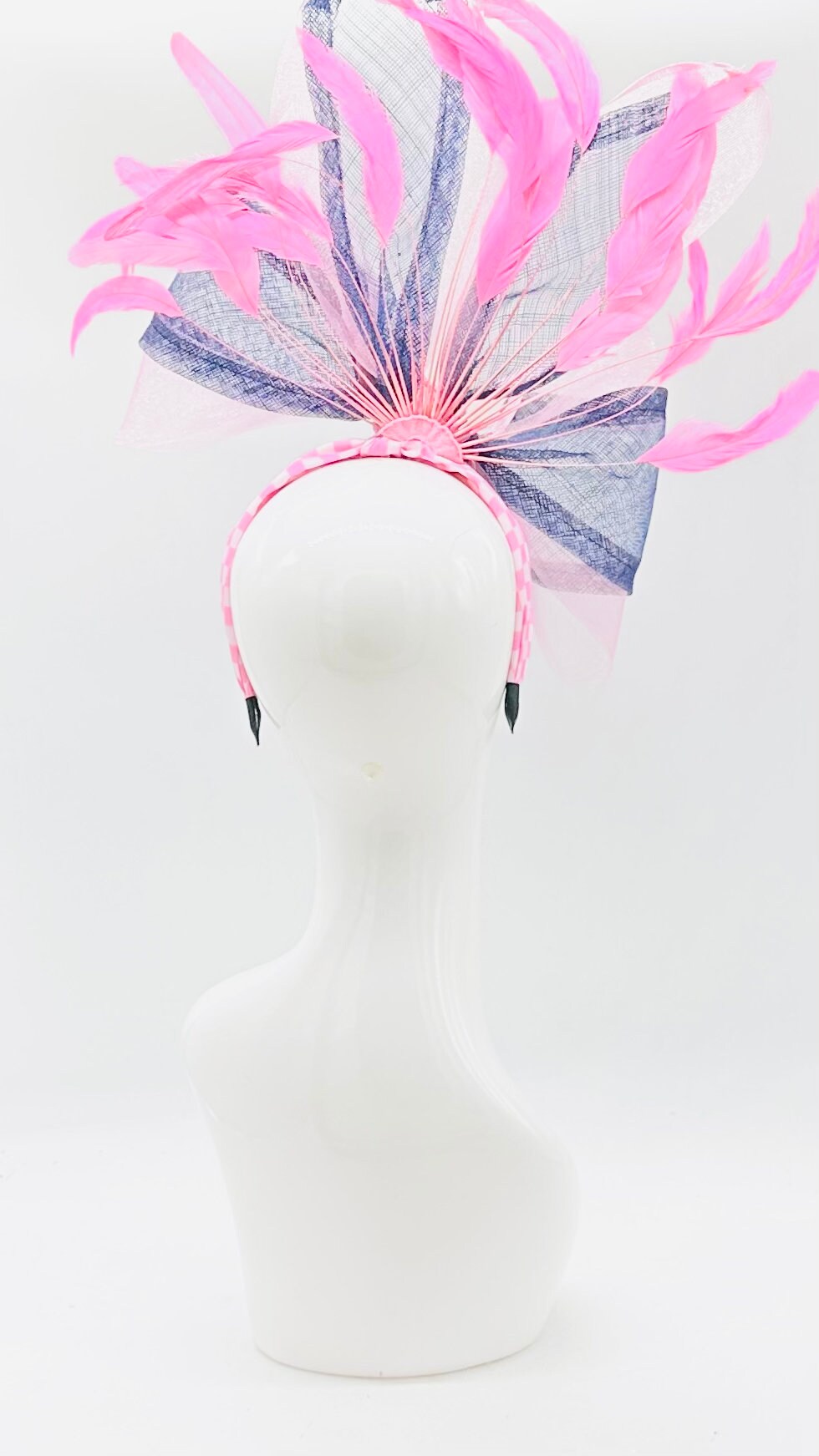 Navy Sinamay Bow, pink Kentucky Derby Fascinator, derby hat Kentucky Derby Hat Alternative, Floral Fascinator, (PLATINUM LINE)
