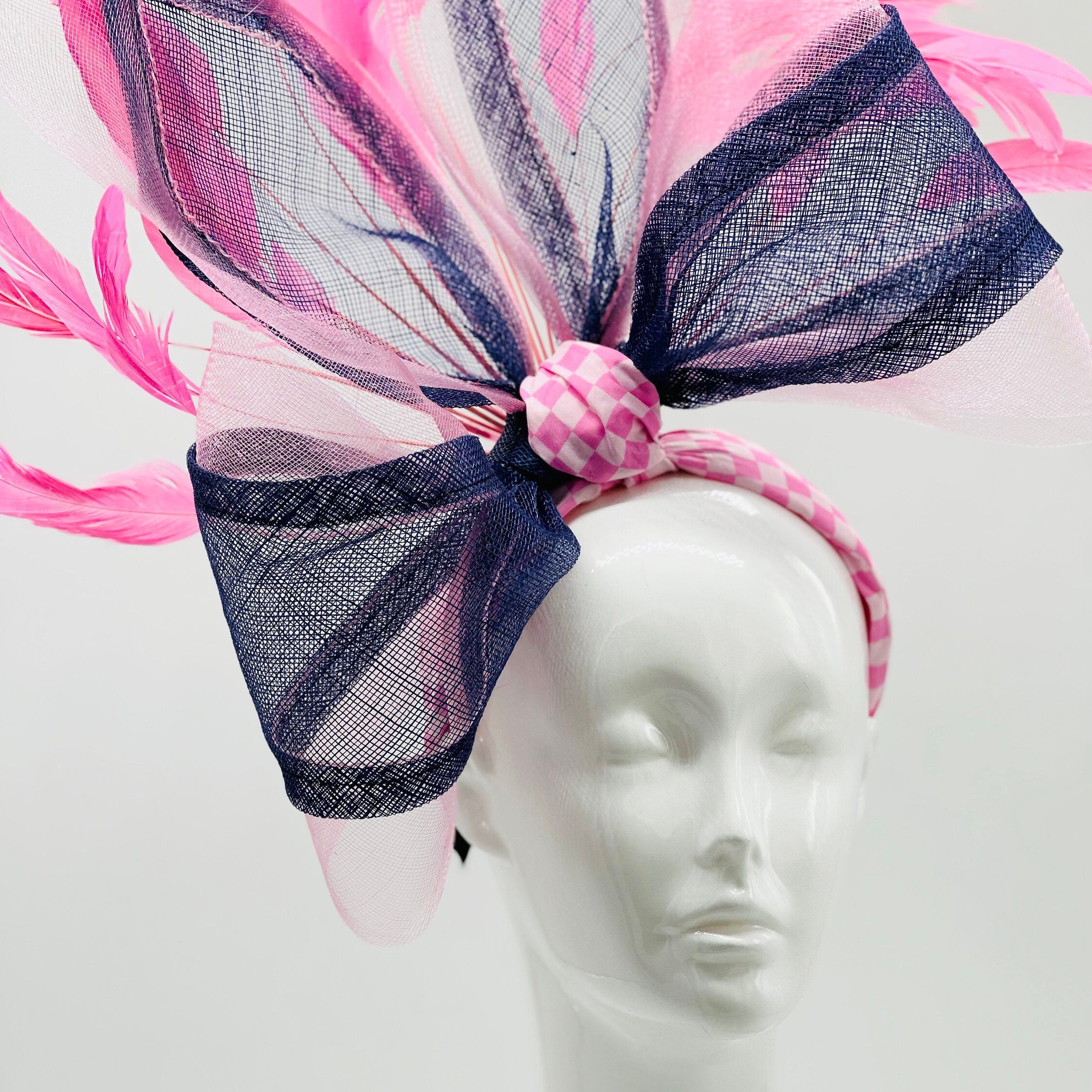 Navy Sinamay Bow, pink Kentucky Derby Fascinator, derby hat Kentucky Derby Hat Alternative, Floral Fascinator, (PLATINUM LINE)