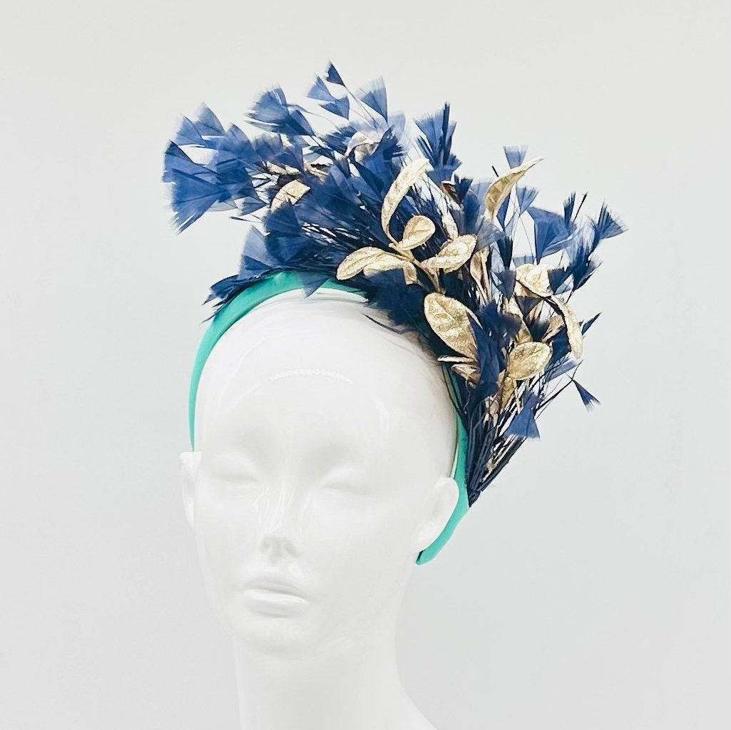 Navy, teal and gold Kentucky Derby Fascinator, derby hat Kentucky Derby Hat Alternative, Floral Fascinator, (SILVER LINE)