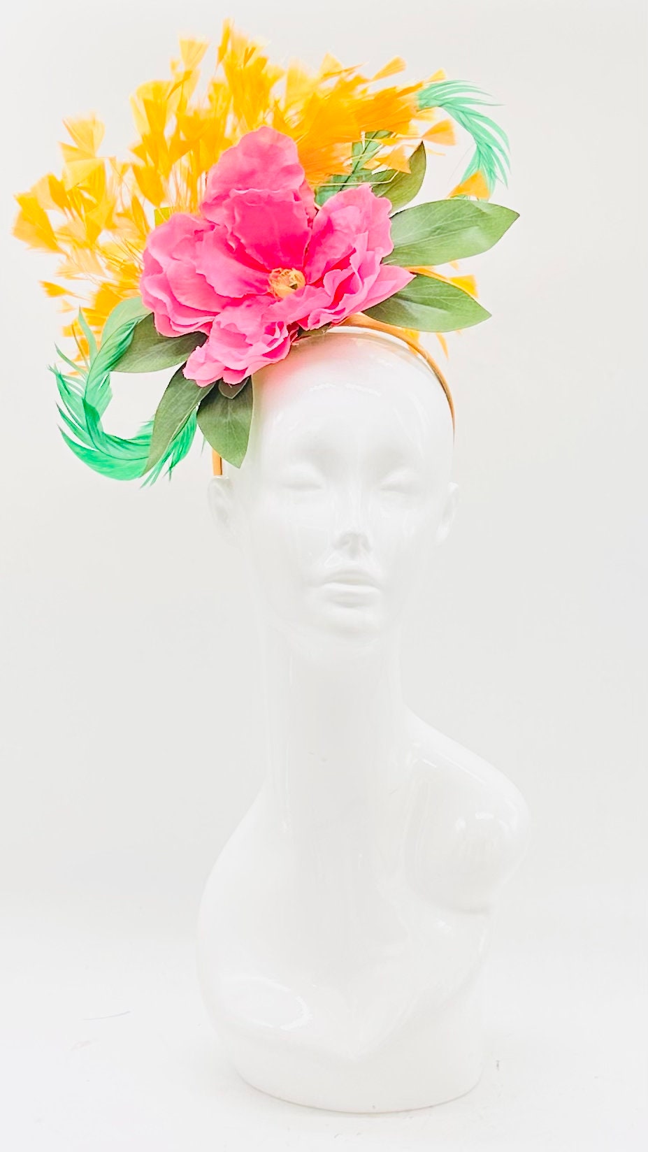 Orange pink and green Kentucky Derby Fascinator, derby hat Kentucky Derby Hat Alternative, Floral Fascinator (GOLD LINE)