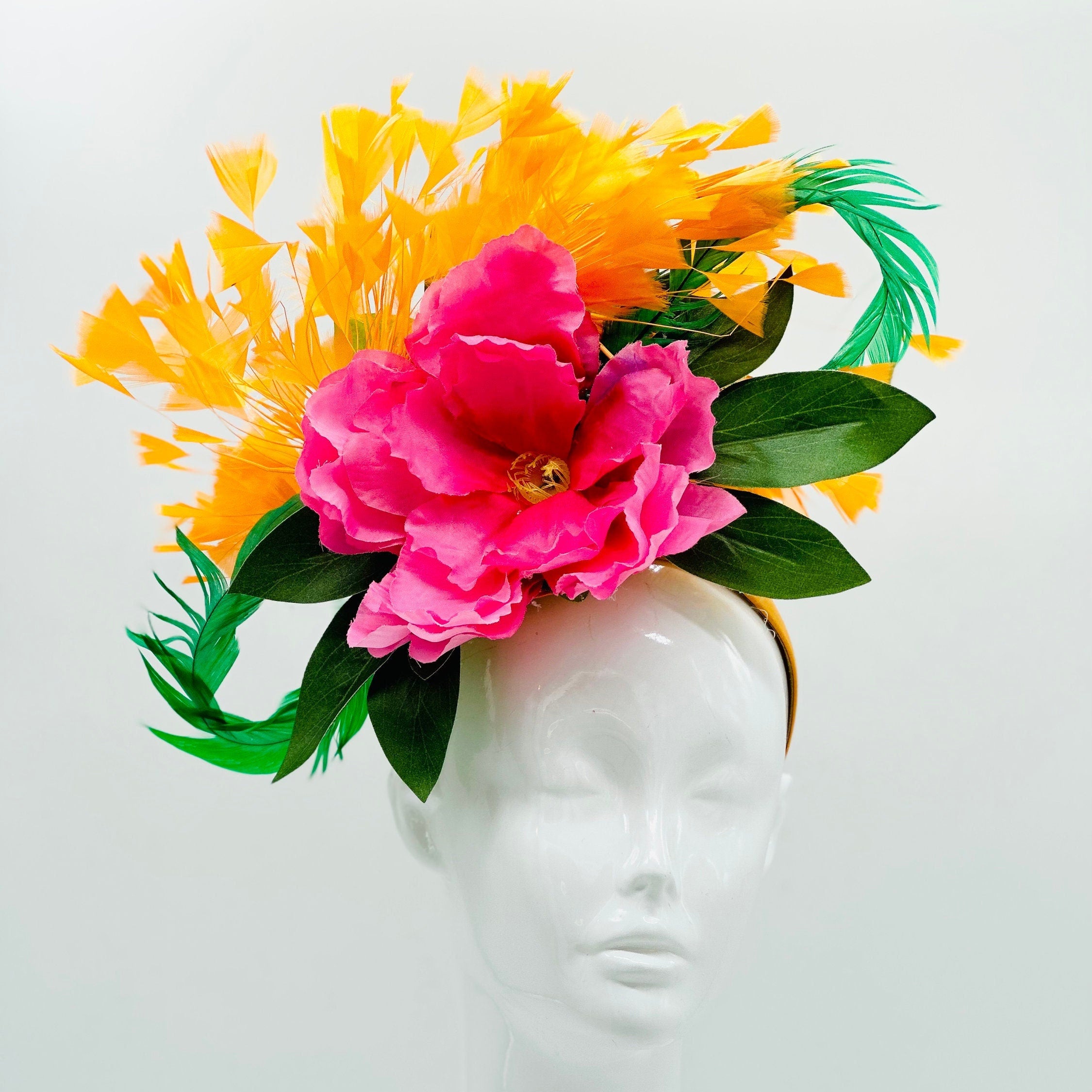Orange pink and green Kentucky Derby Fascinator, derby hat Kentucky Derby Hat Alternative, Floral Fascinator (GOLD LINE)