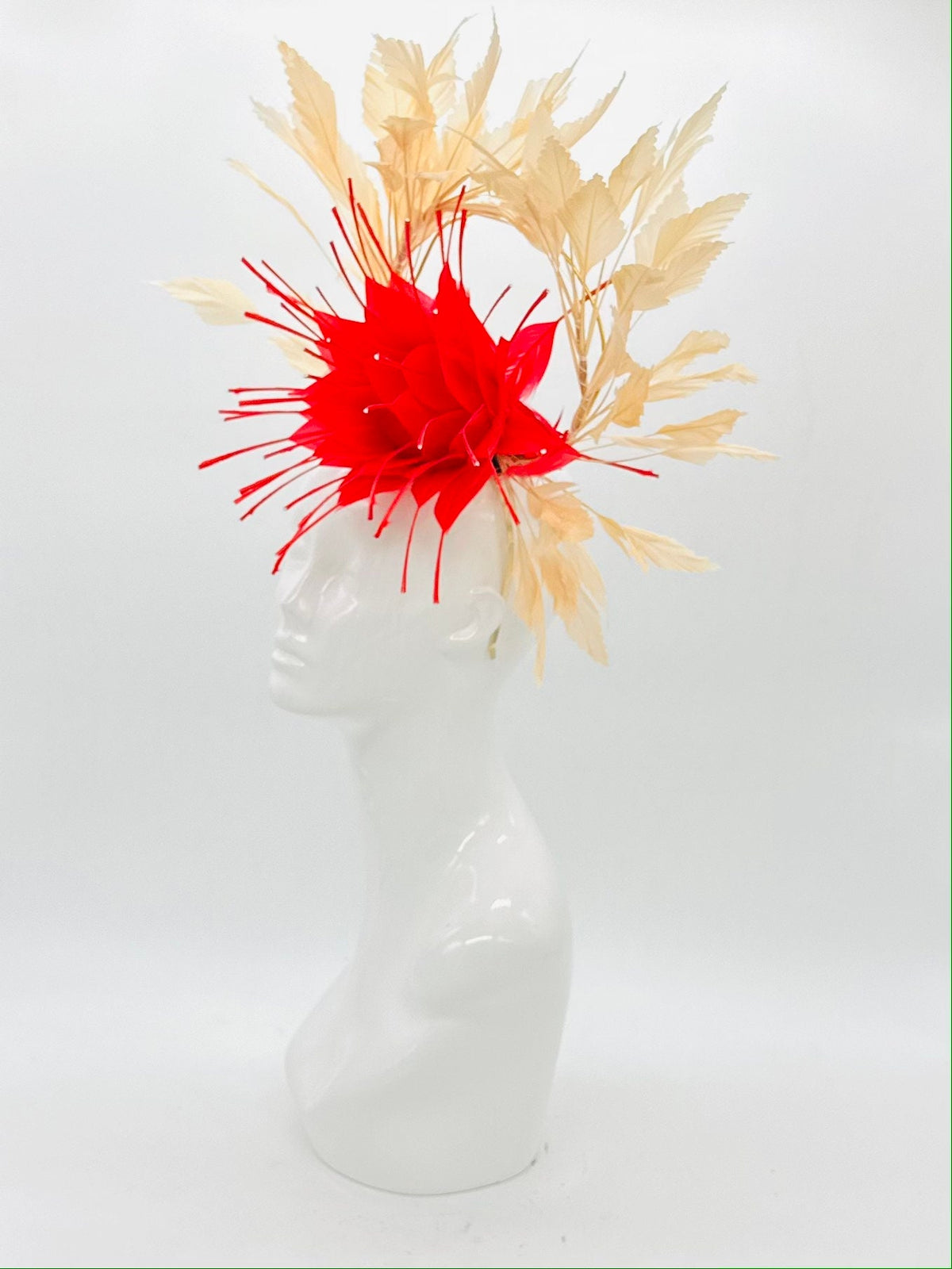 Red and beige spiral colored Kentucky Derby Fascinator, (GOLD LINE)