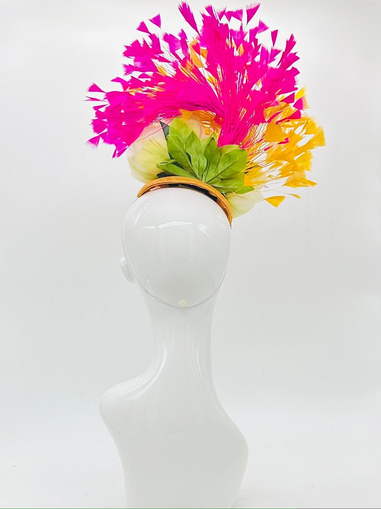 Gold yellow, pink, and white Kentucky Derby Fascinator (GOLD LINE)