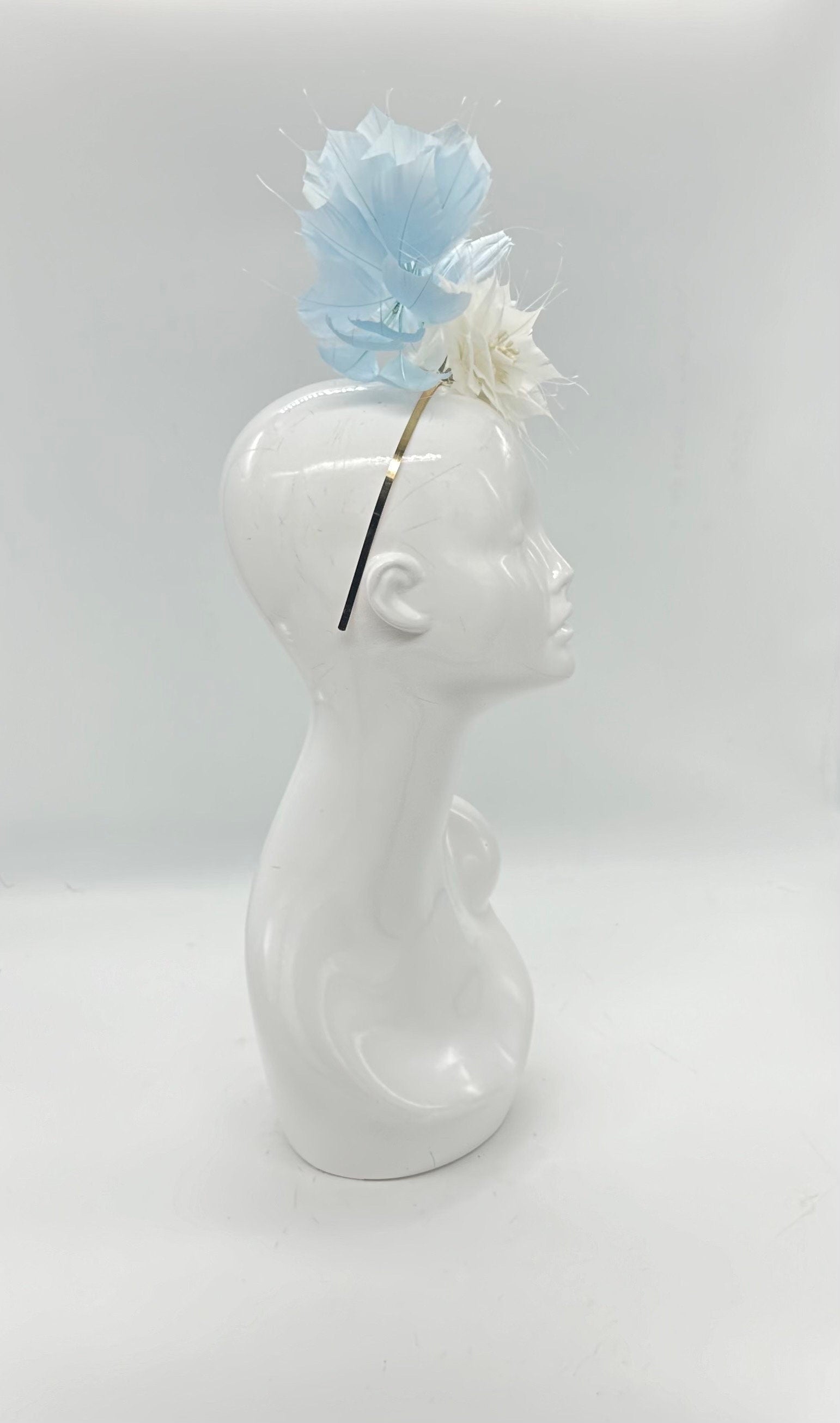 Baby blue and white feather Derby Fascinator, Kentucky Derby Hat Alternative, Kentucky derby hat (GOLD LINE)