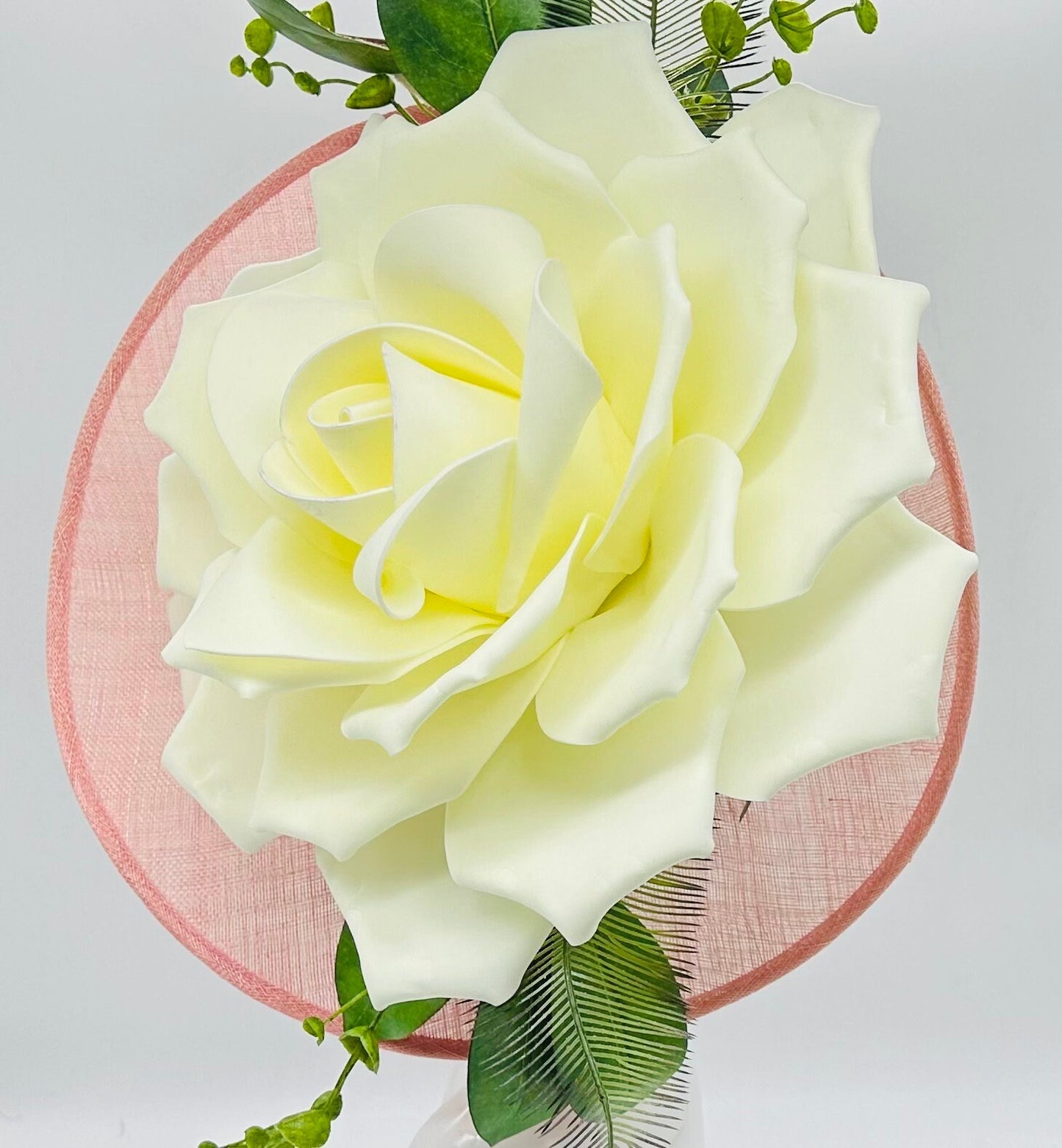 Big magnolia with green leaves on pink base Derby Fascinator, Kentucky Derby Hat Alternative, Kentucky derby hat (PLATINUM LINE)