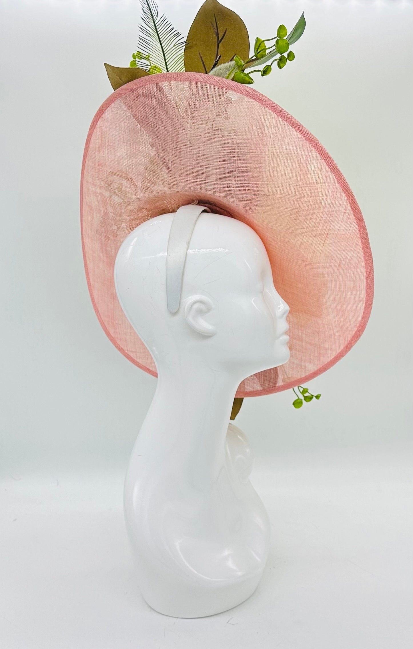 Big magnolia with green leaves on pink base Derby Fascinator, Kentucky Derby Hat Alternative, Kentucky derby hat (PLATINUM LINE)