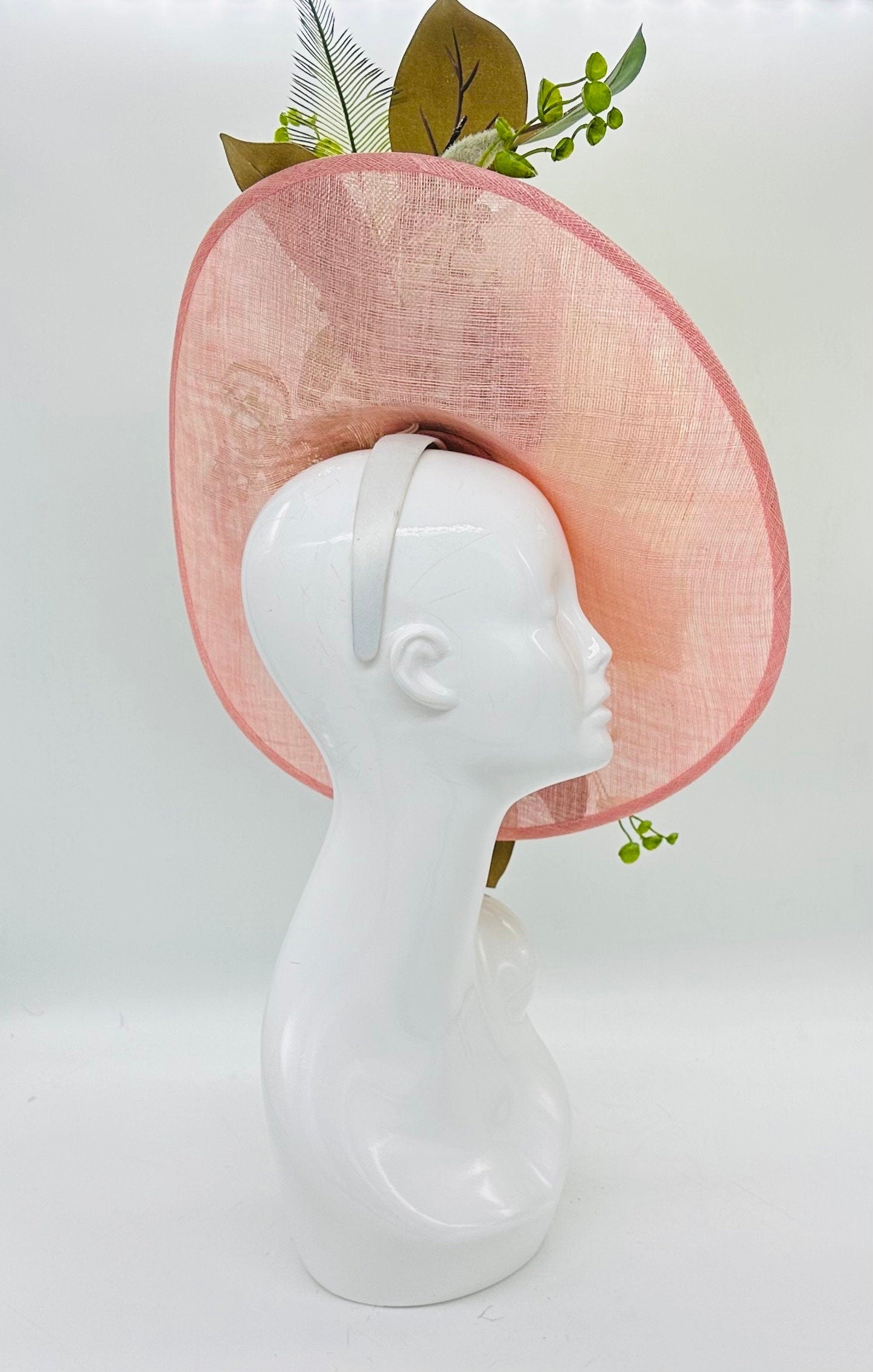 Big magnolia with green leaves on pink base Derby Fascinator, Kentucky Derby Hat Alternative, Kentucky derby hat (PLATINUM LINE)