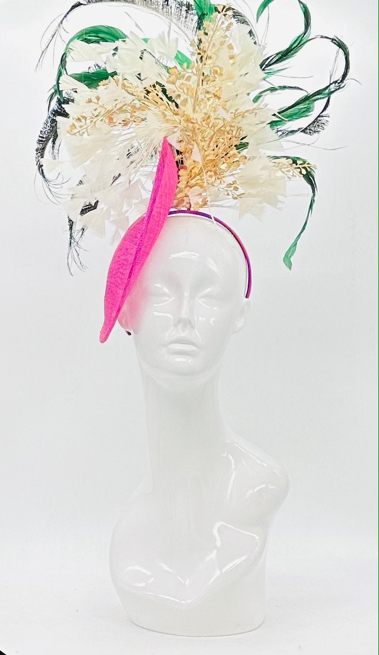 Gold, green, fuchsia, white colored Kentucky Derby Fascinator (GOLD LINE)