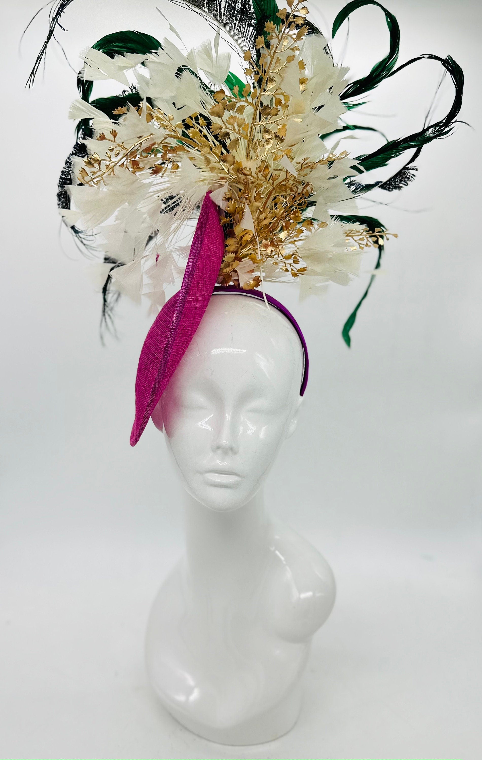 Gold, green, fuchsia, white colored Kentucky Derby Fascinator (GOLD LINE)