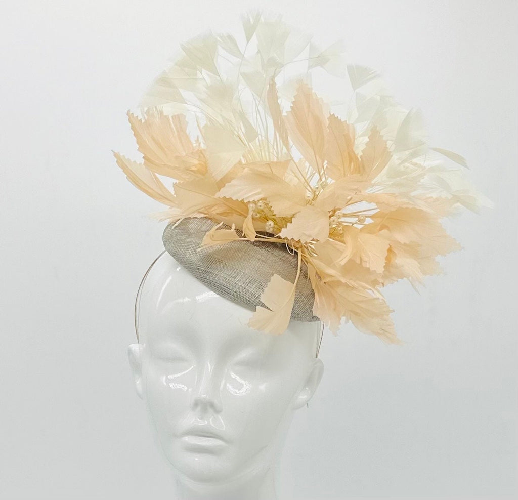 Beigey peach, white & gray feather Derby Fascinator, Kentucky Derby Hat Alternative, Kentucky derby hat (GOLD LINE)