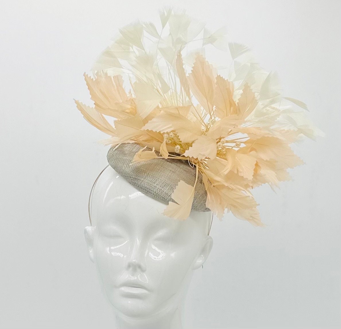 Beigey peach, white & gray feather Derby Fascinator, Kentucky Derby Hat Alternative, Kentucky derby hat (GOLD LINE)