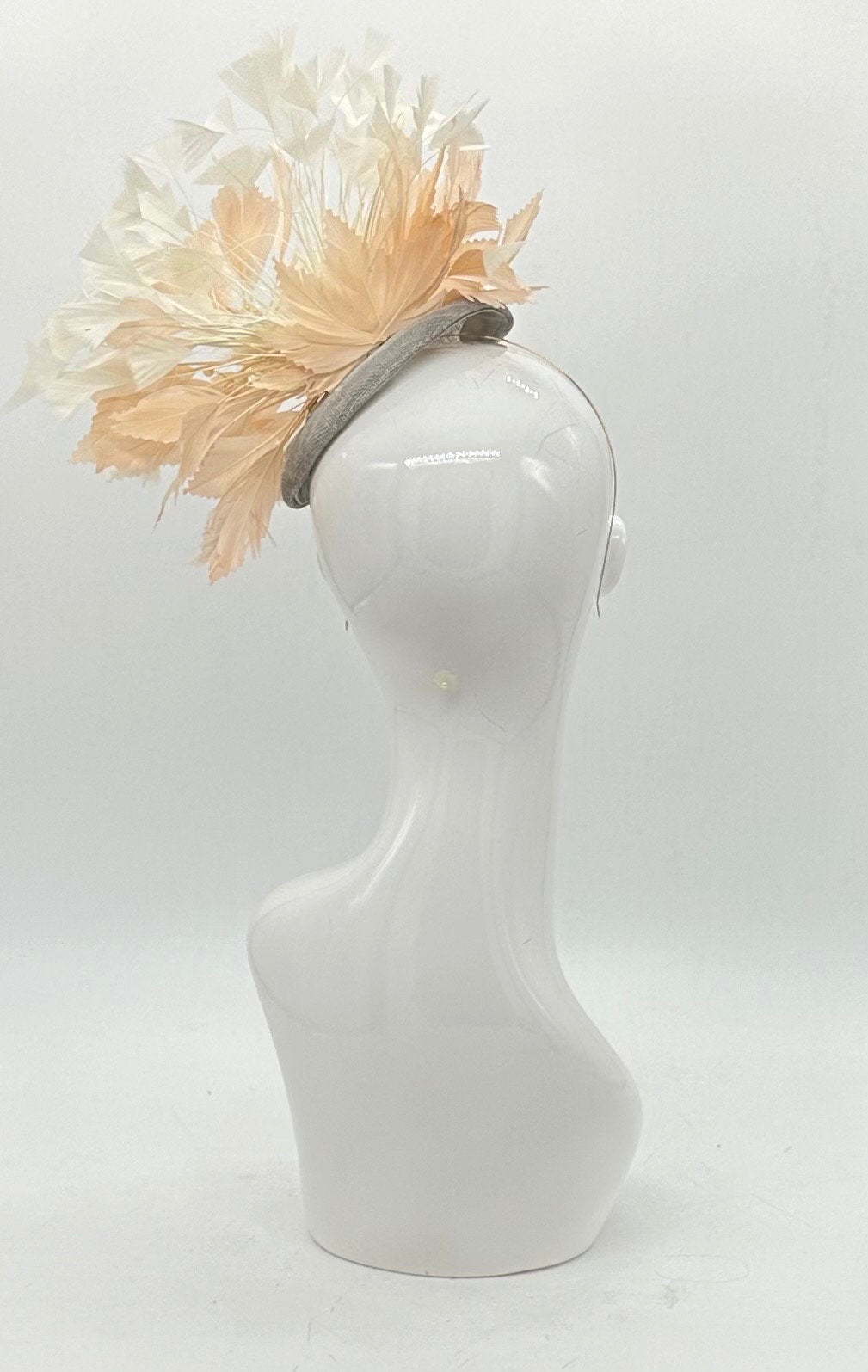 Beigey peach, white & gray feather Derby Fascinator, Kentucky Derby Hat Alternative, Kentucky derby hat (GOLD LINE)