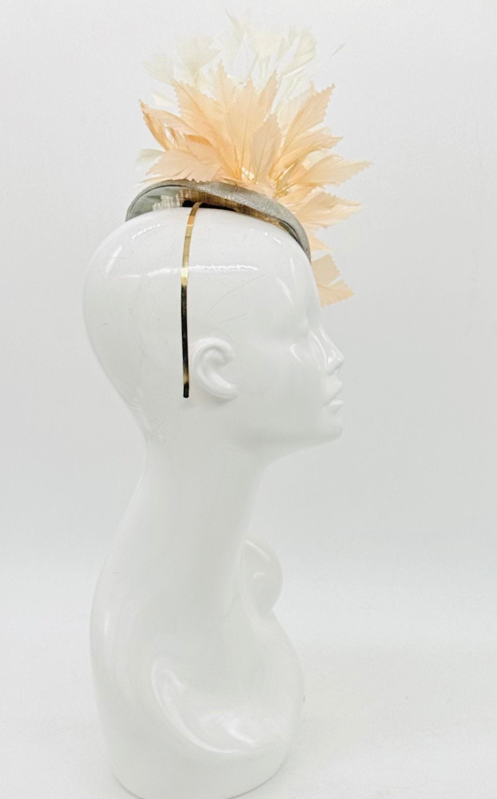 Beigey peach, white & gray feather Derby Fascinator, Kentucky Derby Hat Alternative, Kentucky derby hat (GOLD LINE)