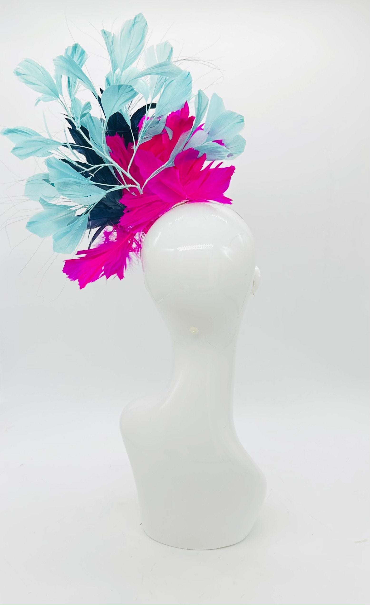 Pink, navy blue, and aqua Kentucky Derby fascinator, Derby Hat Alternative, (GOLD LINE)