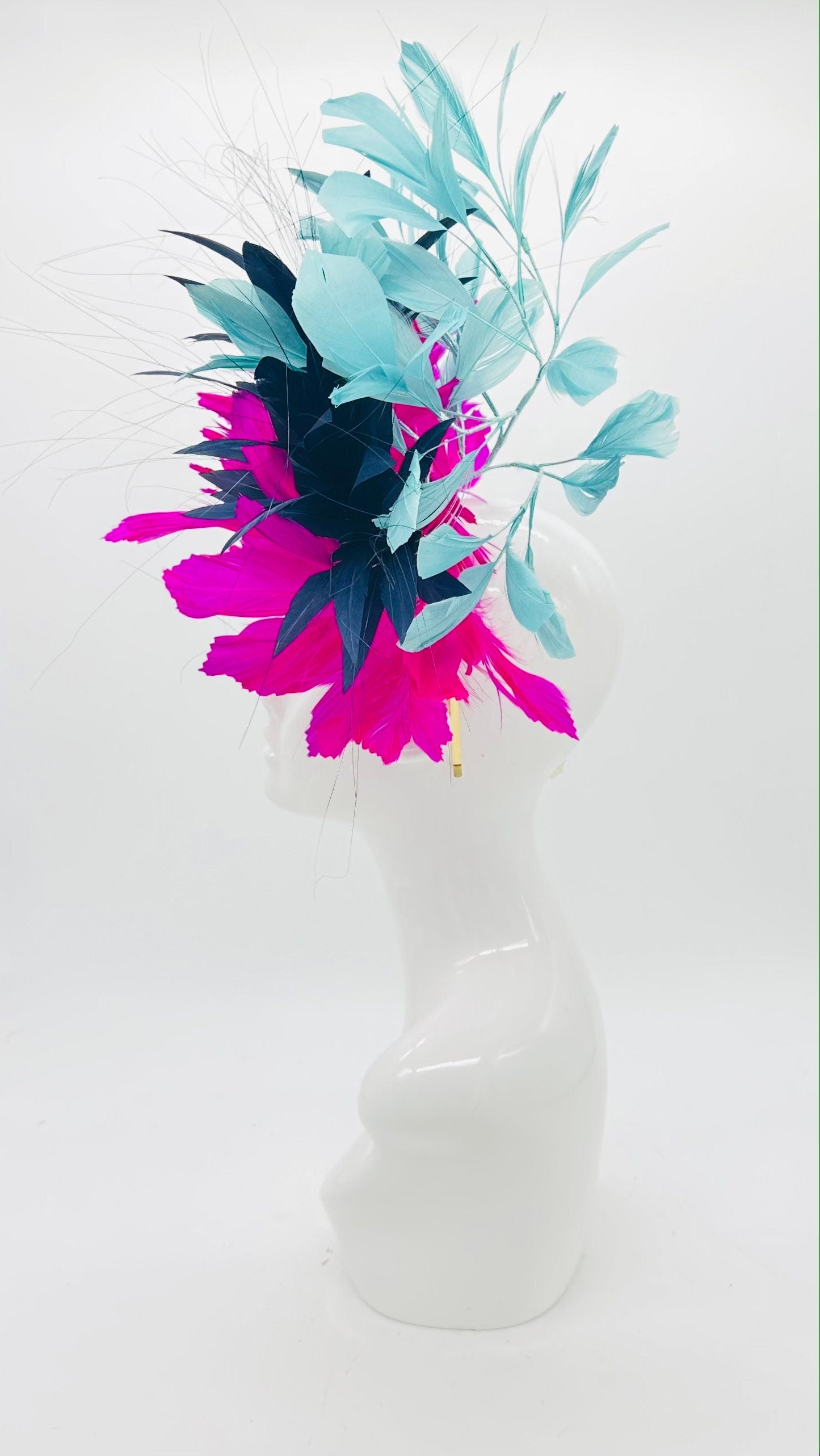 Pink, navy blue, and aqua Kentucky Derby fascinator, Derby Hat Alternative, (GOLD LINE)