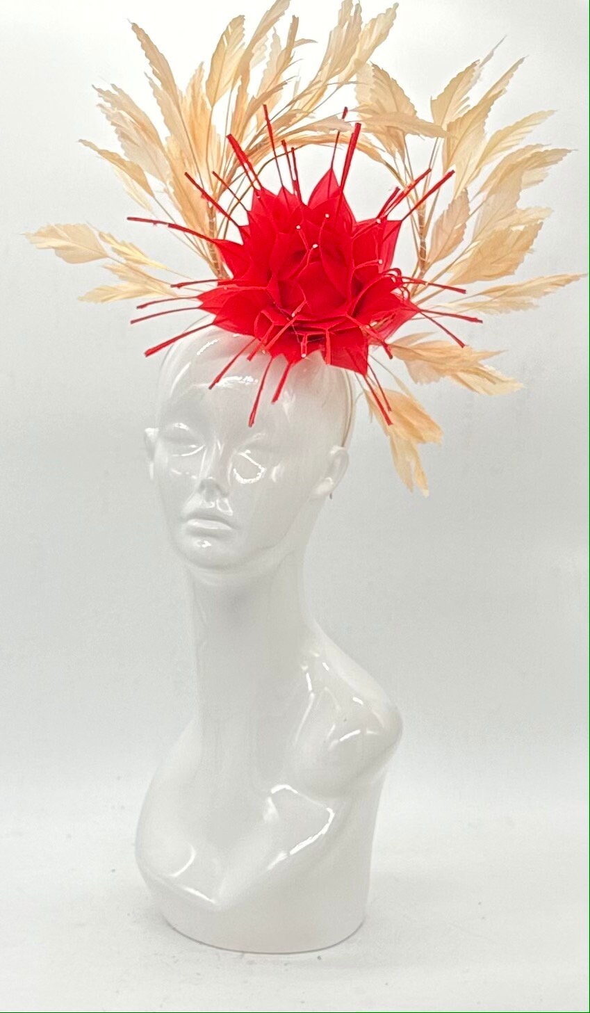 Red and beige spiral colored Kentucky Derby Fascinator, (GOLD LINE)