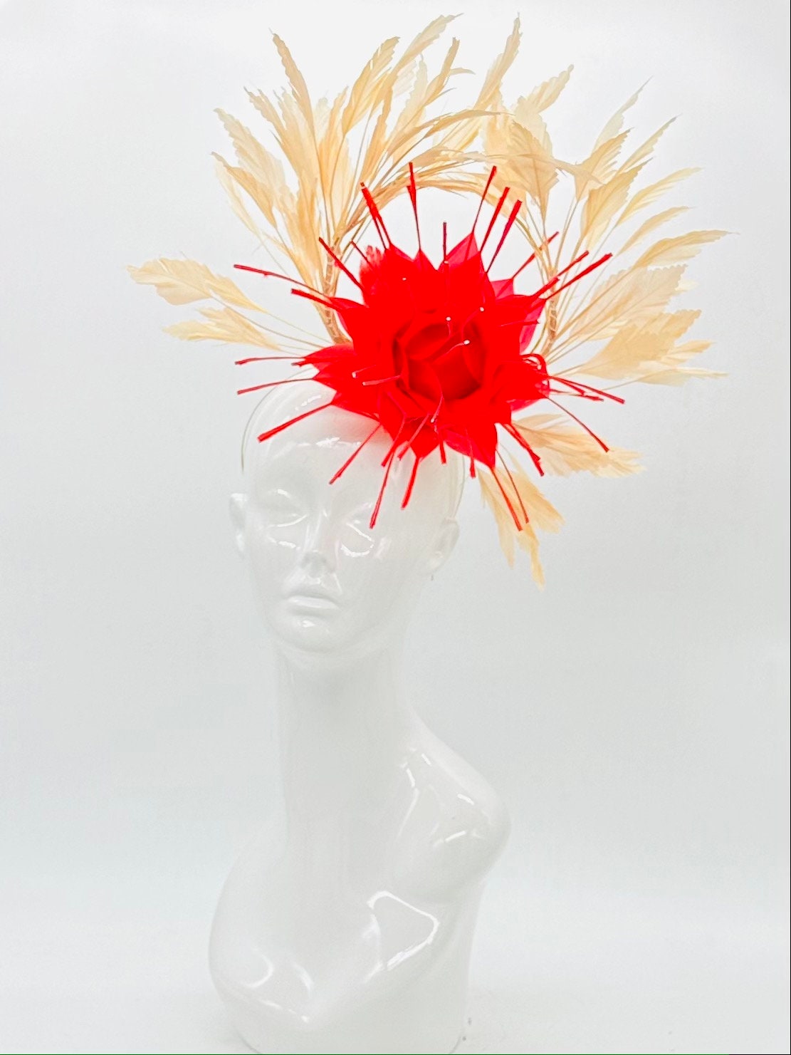 Red and beige spiral colored Kentucky Derby Fascinator, (GOLD LINE)