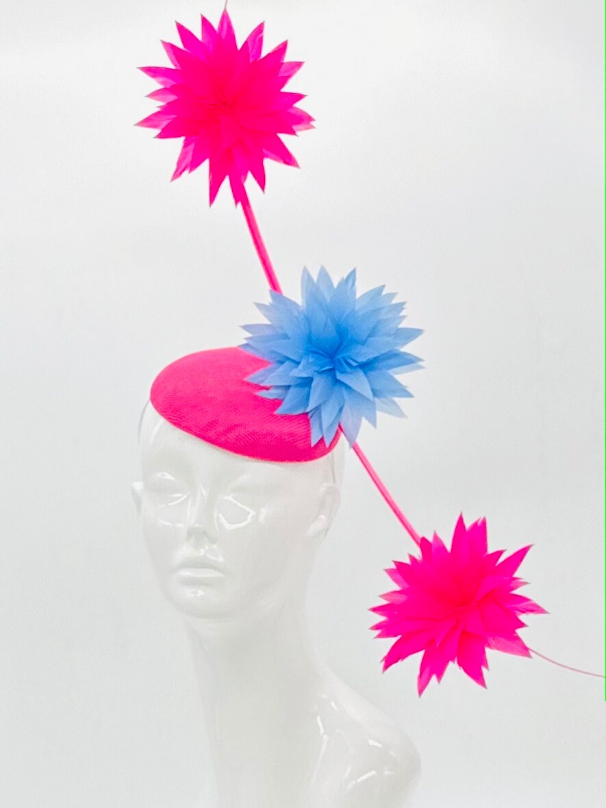 Pink and blue colored Kentucky Derby Fascinator (GOLD LINE)