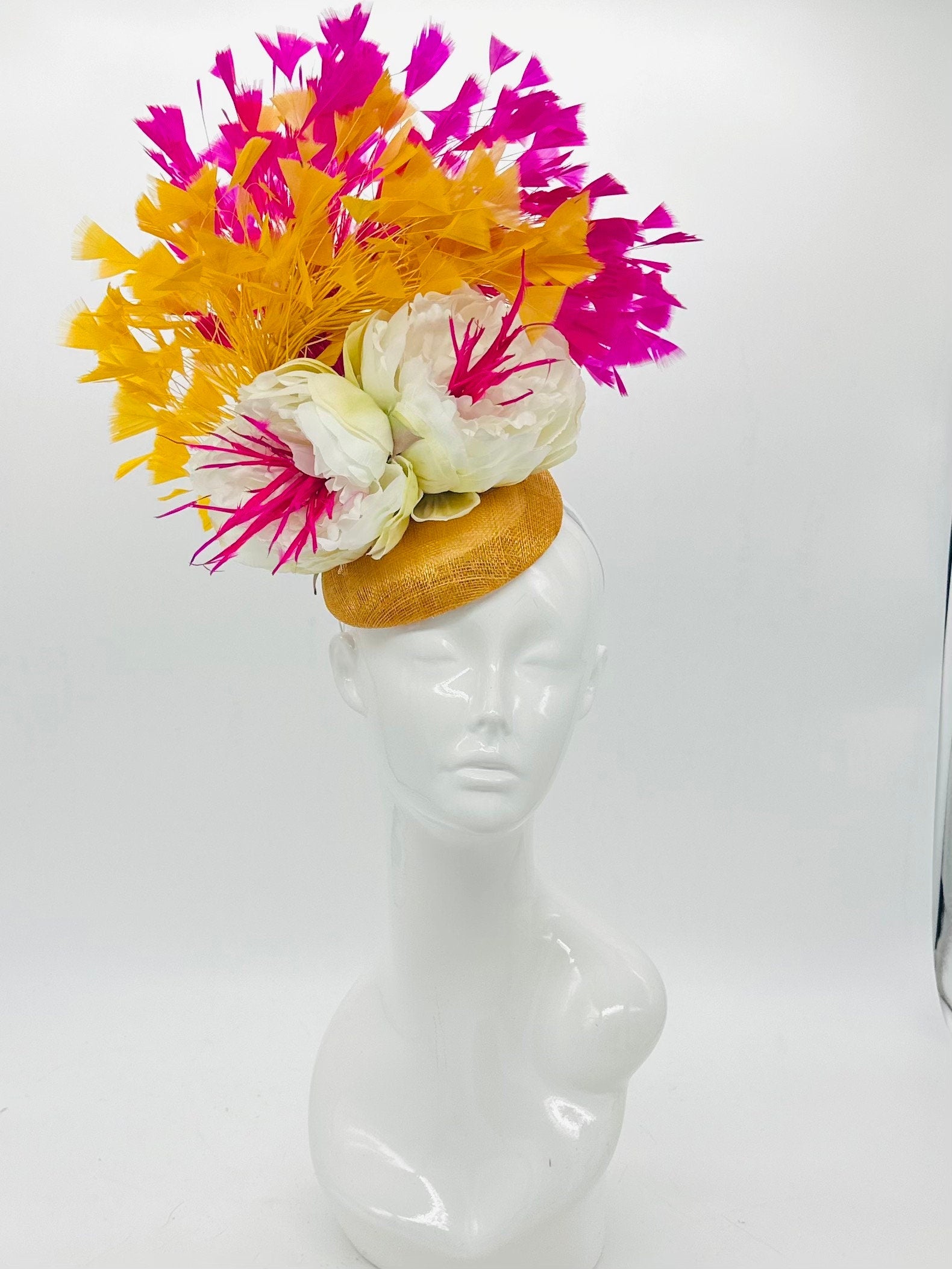 Gold yellow, pink, and white Kentucky Derby Fascinator (GOLD LINE)