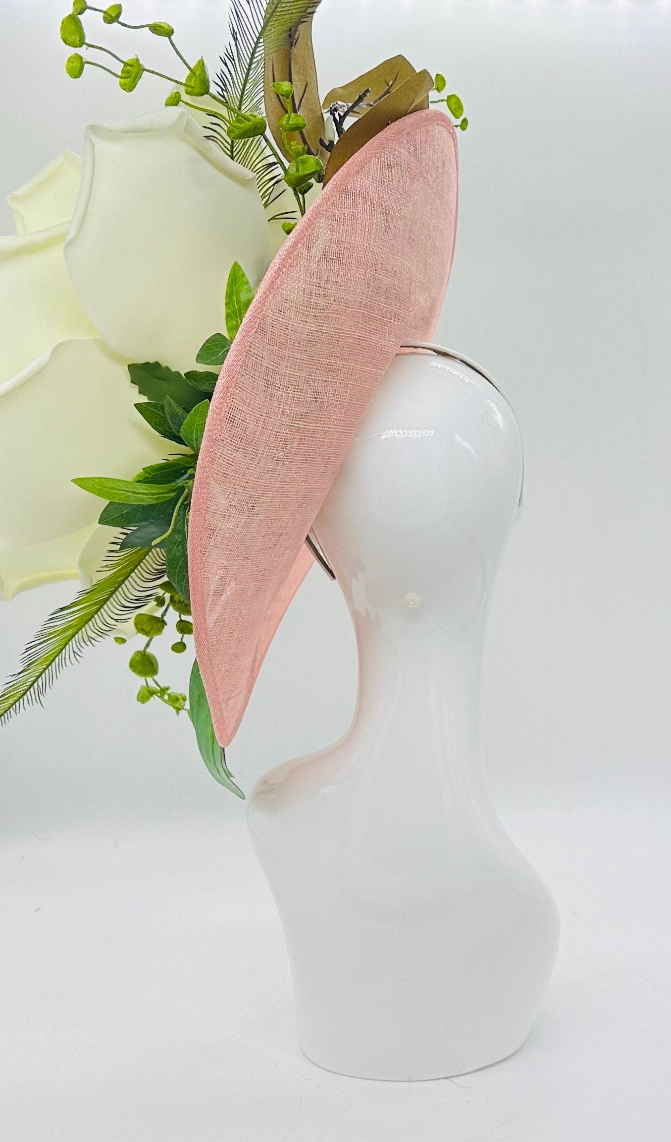 Big magnolia with green leaves on pink base Derby Fascinator, Kentucky Derby Hat Alternative, Kentucky derby hat (PLATINUM LINE)